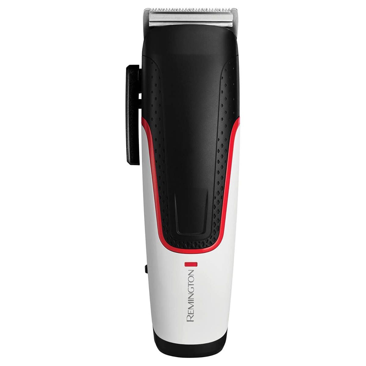 Tagliacapelli Remington HC500 Nero, Bianco. Corpo bianco, sezione centrale nera, bordi rossi. Marchio Remington.