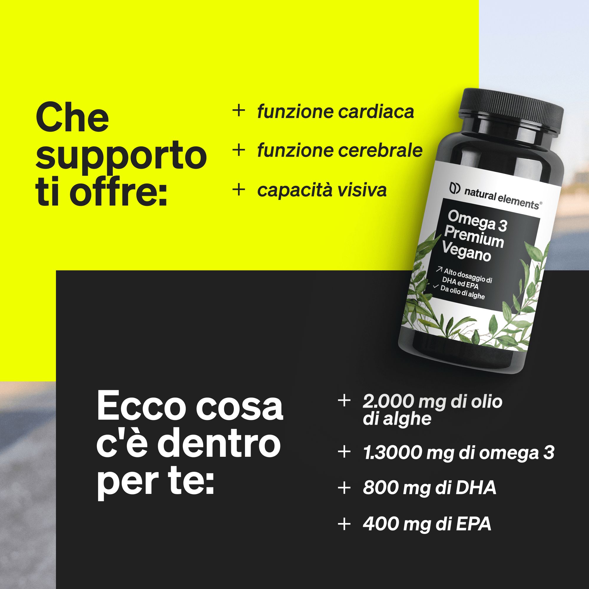 Flacone di capsule Omega 3 Premium Vegan. Supporta cuore, cervello e vista.