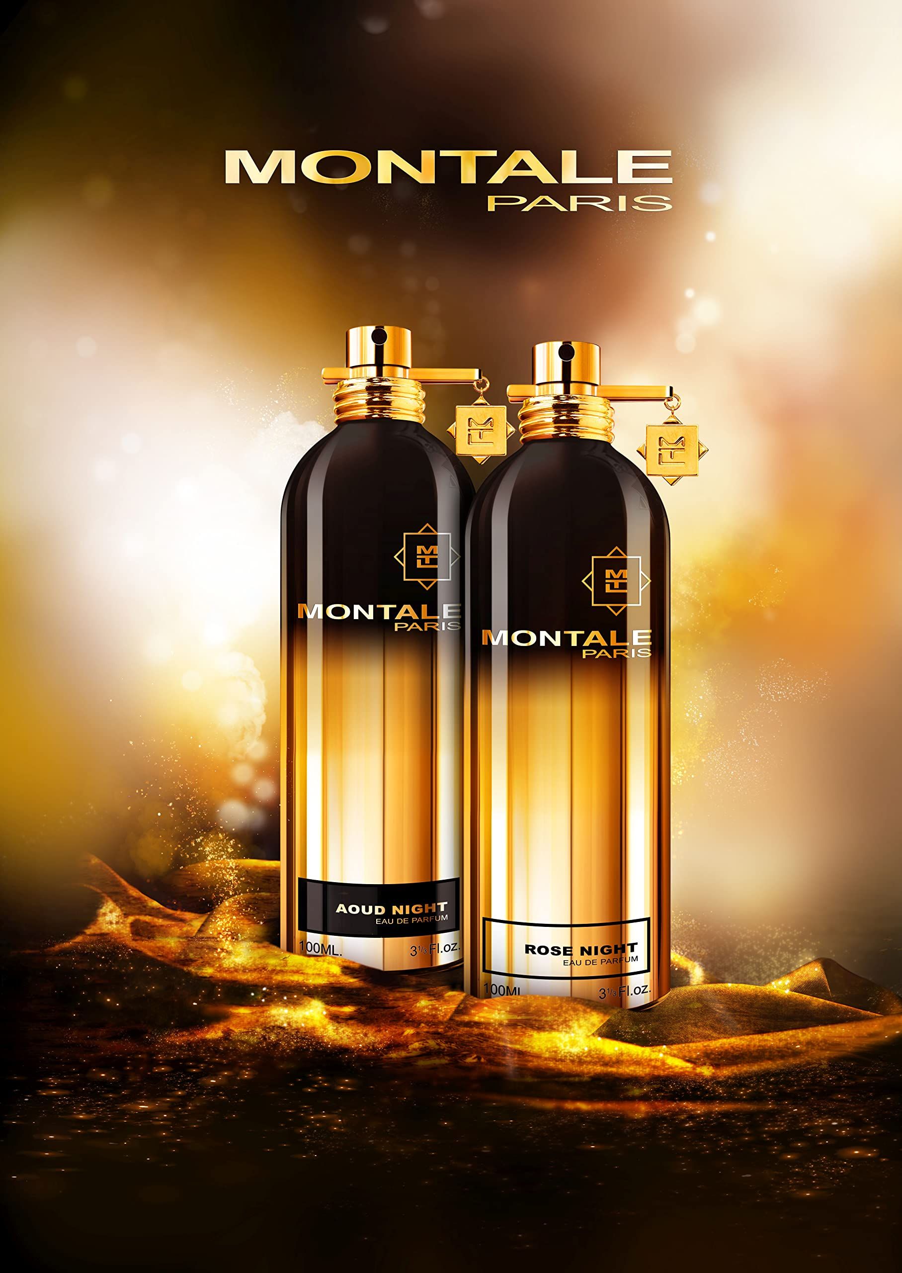 Due flaconi di profumo sfumati oro e nero. Tappi neri, dettagli dorati. Scritta: Montale Paris, Rose Night.