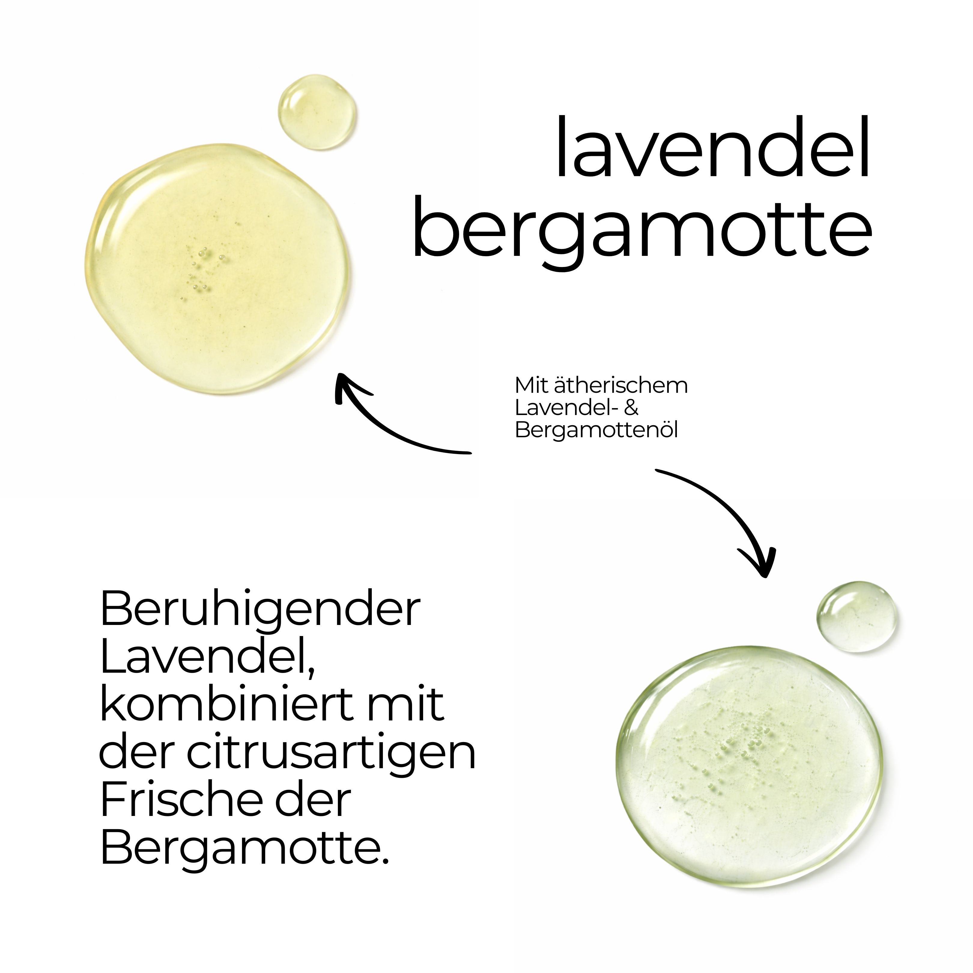 Due gocce di liquido giallo. Testo: Lavanda Bergamotto. Con olio essenziale di lavanda e bergamotto. Lavanda rilassante, combinata con la freschezza del bergamotto.