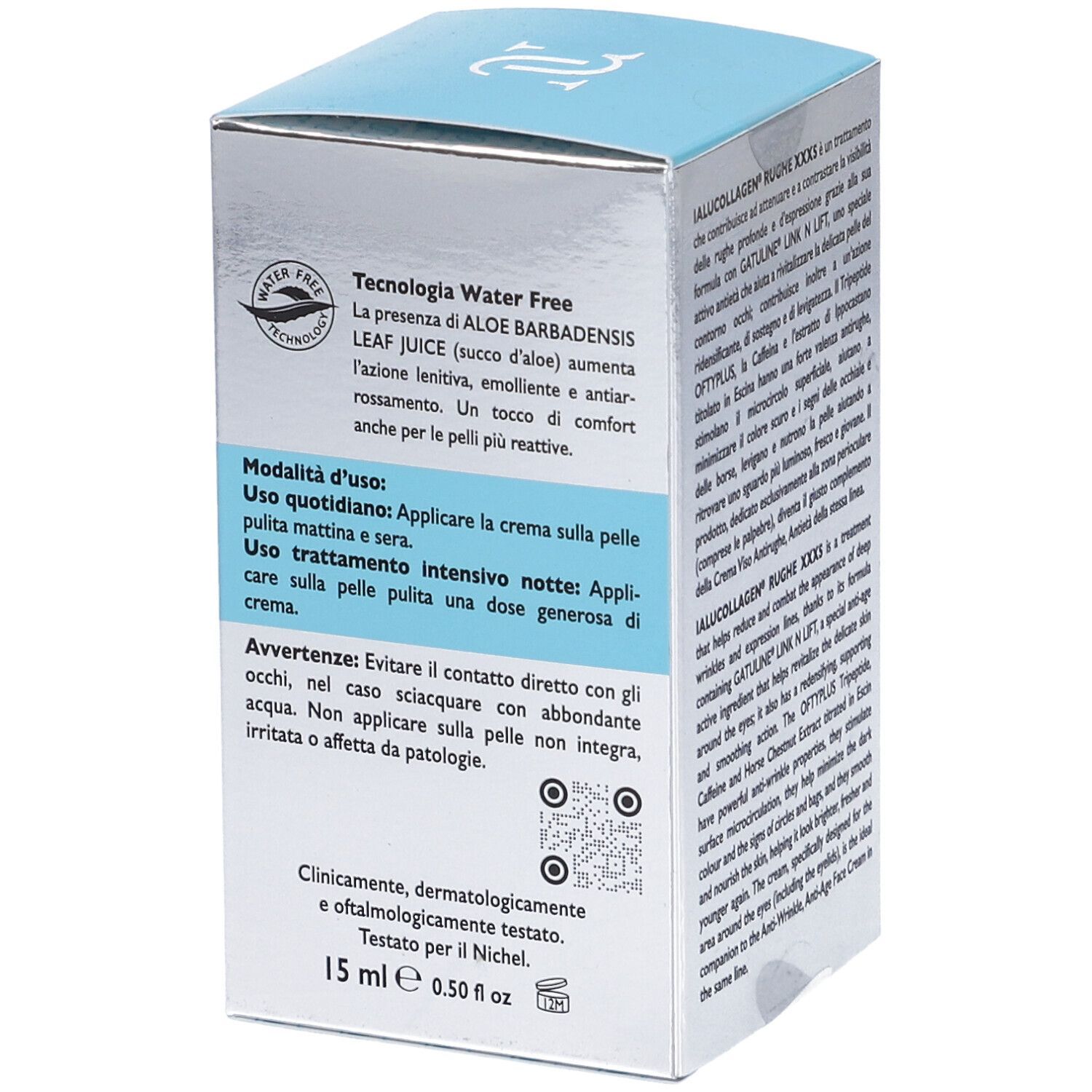 Confezione del prodotto. Testo: Ialucollagen Rughe XXXS. Contiene informazioni sull'uso e sugli ingredienti. 15 ml.