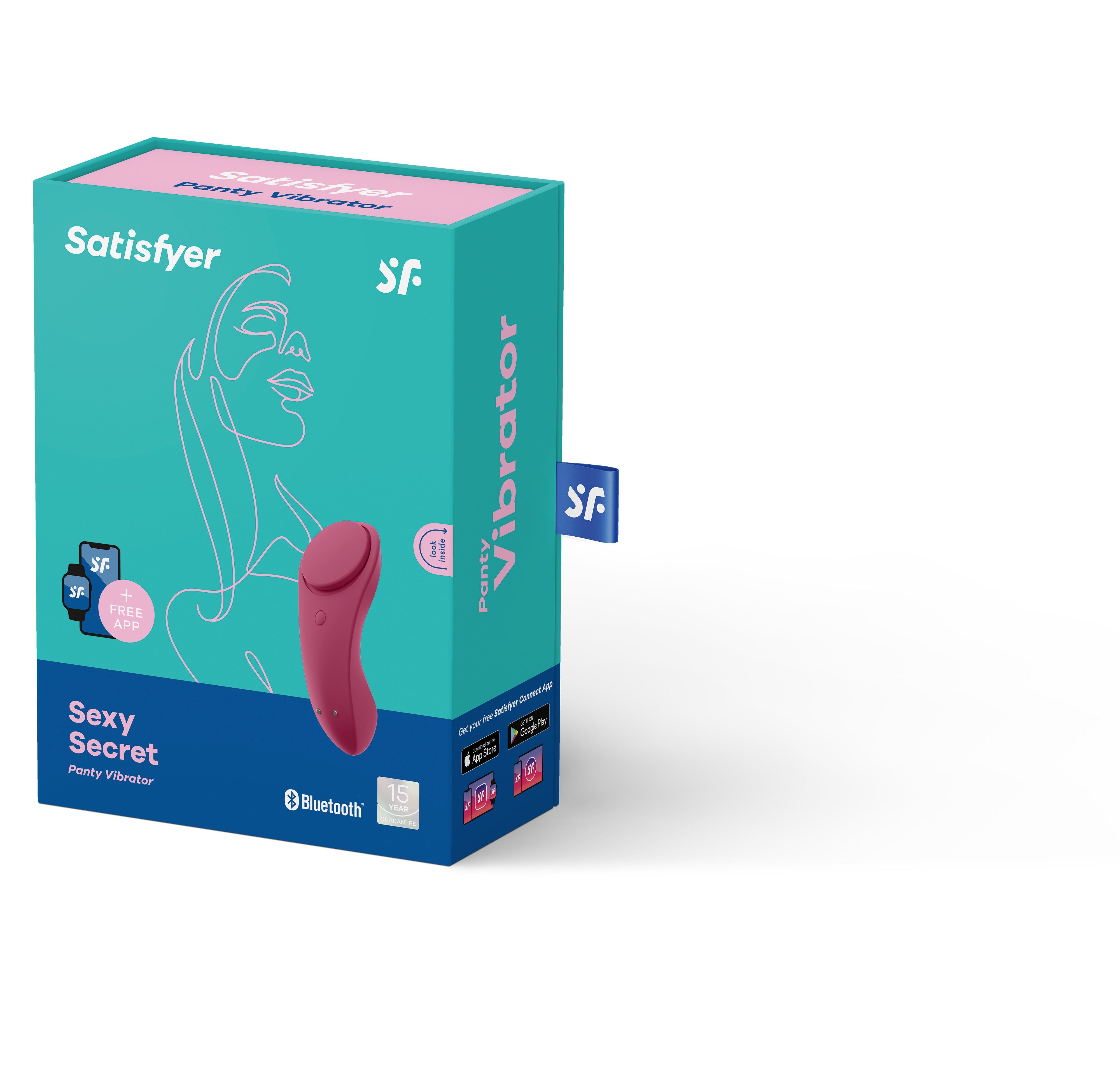 Confezione turchese e rosa. Illustrazione del prodotto. Testo: Satisfyer, Sexy Secret Panty Vibrator, Bluetooth. Icone app.