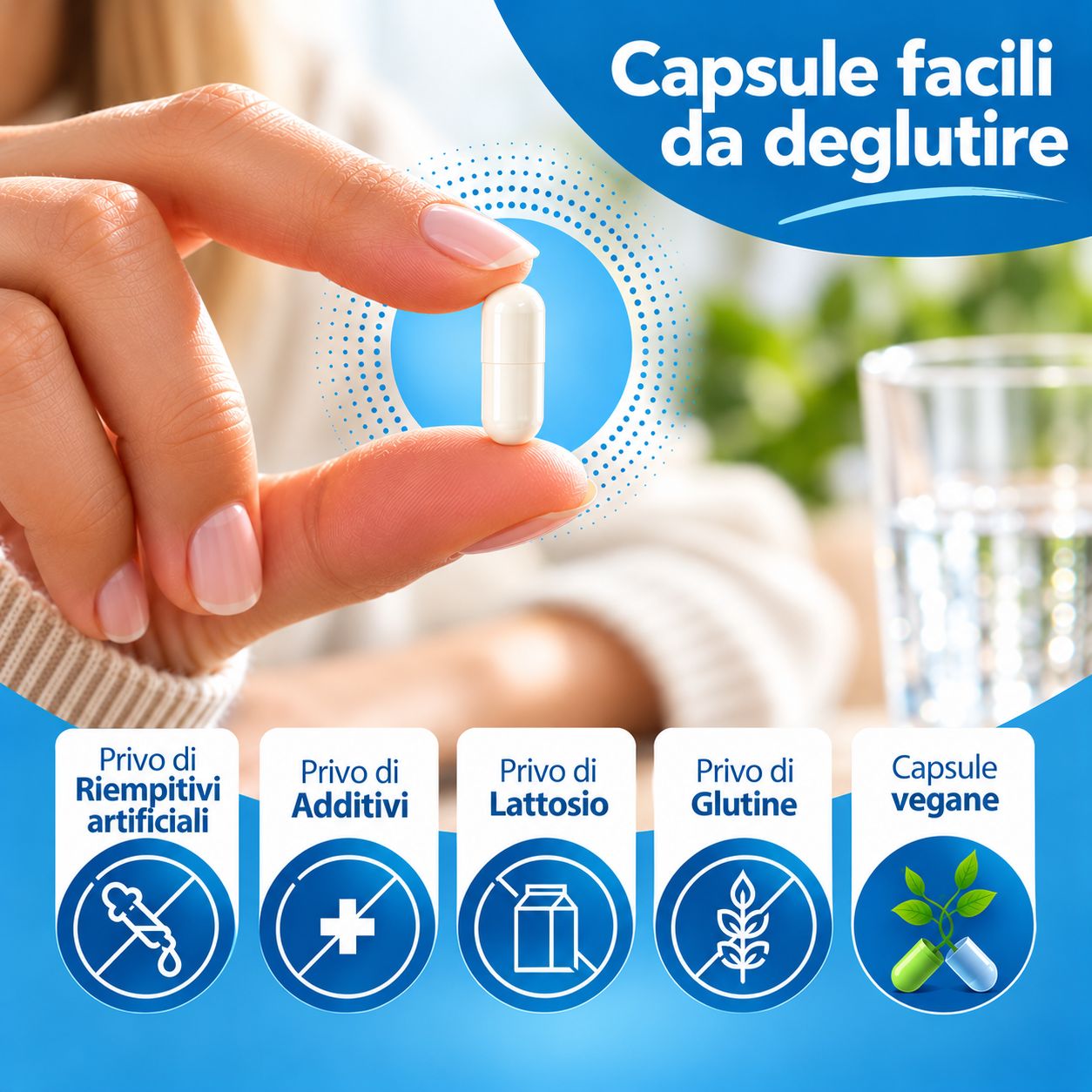 Una mano tiene una capsula bianca. Sotto, icone indicano "senza riempitivi artificiali", "senza additivi", "senza lattosio", "senza glutine" e "capsule vegane".