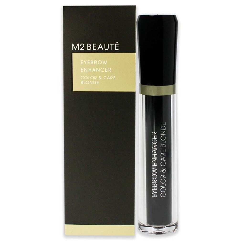 M2 Beauté Eyebrow Enhancer Color & Care, biondo. Confezione e flacone neri. Tappo nero, tubo trasparente, colore biondo.