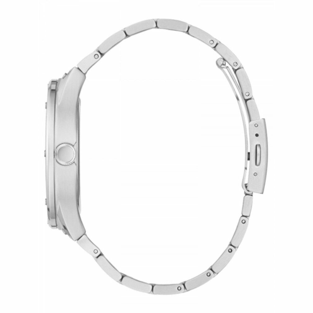 Vista laterale di un orologio da uomo argentato con cinturino. L'orologio ha una forma rotonda e una corona.