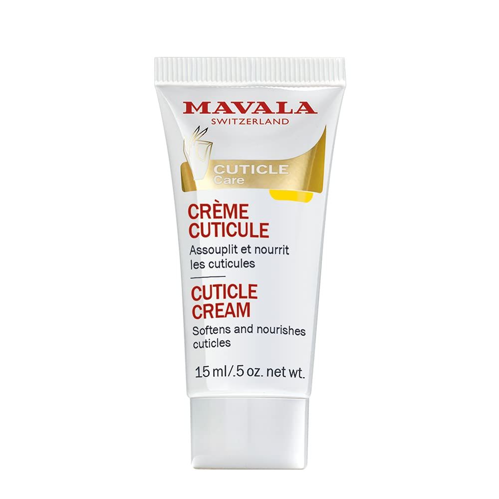 Tubo di Crème Cuticule, 15 ml. Testo: Crème Cuticule, 15 ml. Marchio: Mavala Switzerland. Tubo bianco con scritte rosse e oro.