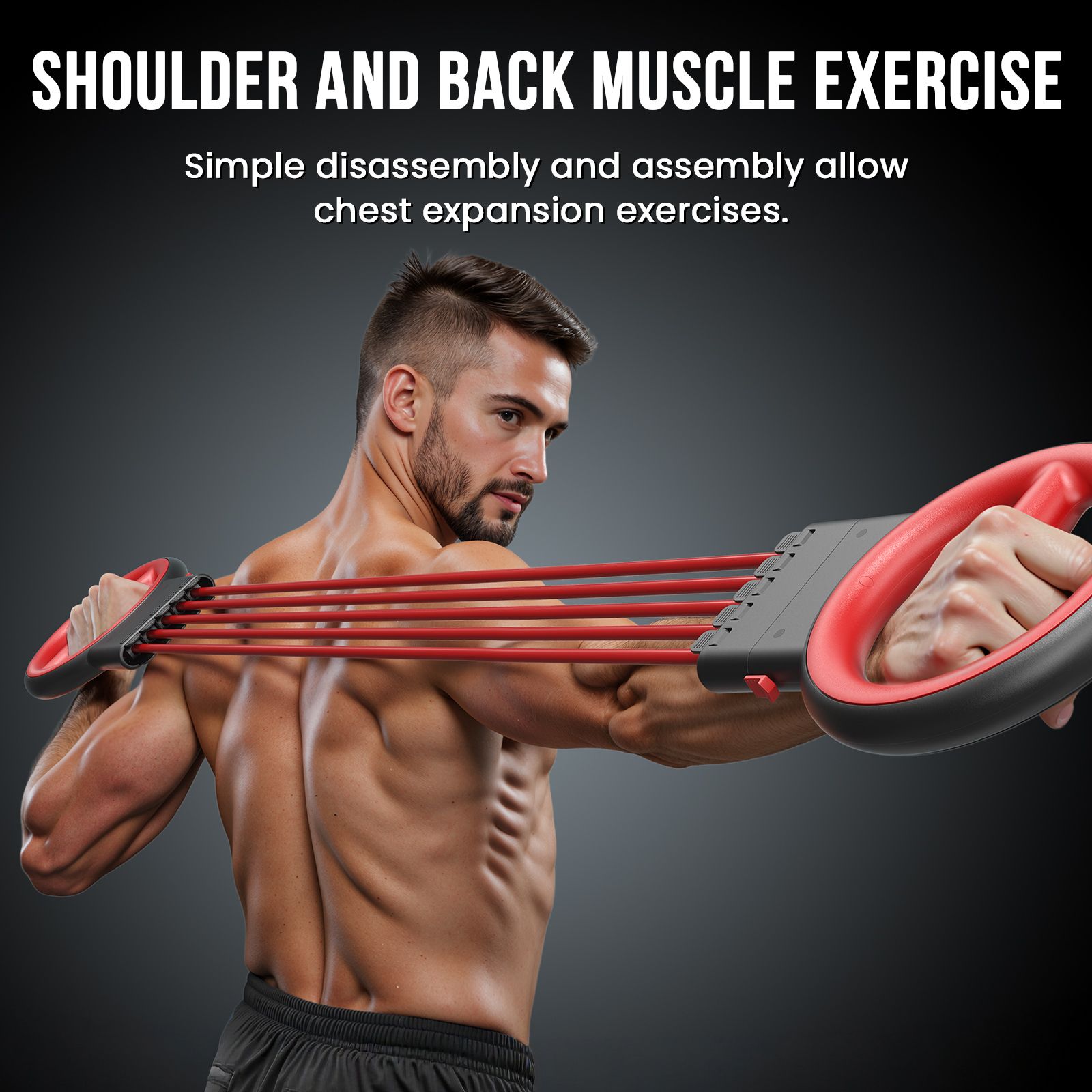 Dispositivo nero e rosso per braccia e petto. Una persona si allena con il dispositivo. Bande rosse collegano le maniglie.