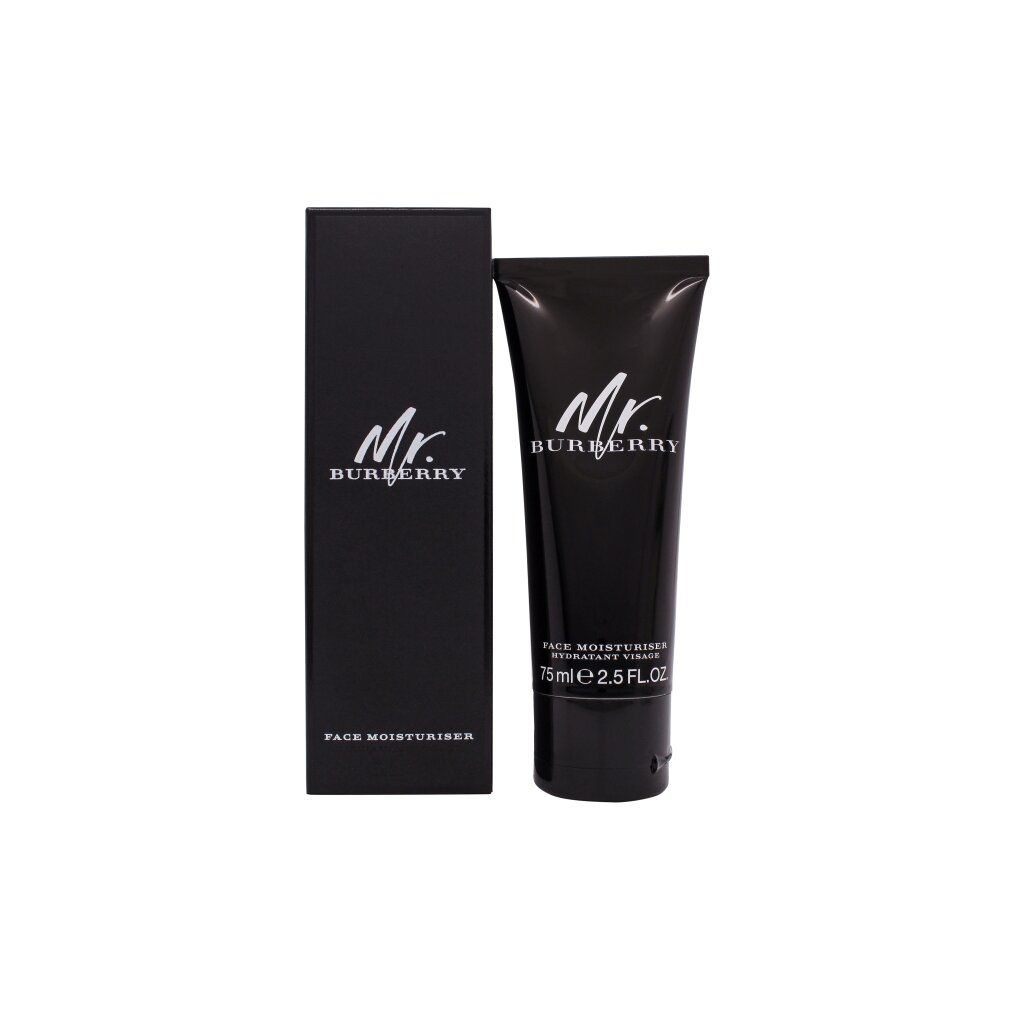 Tubo e scatola neri. Scritta "Mr. Burberry". Tubo: "Face Moisturiser", 75ml. Scatola: "Face Moisturiser".