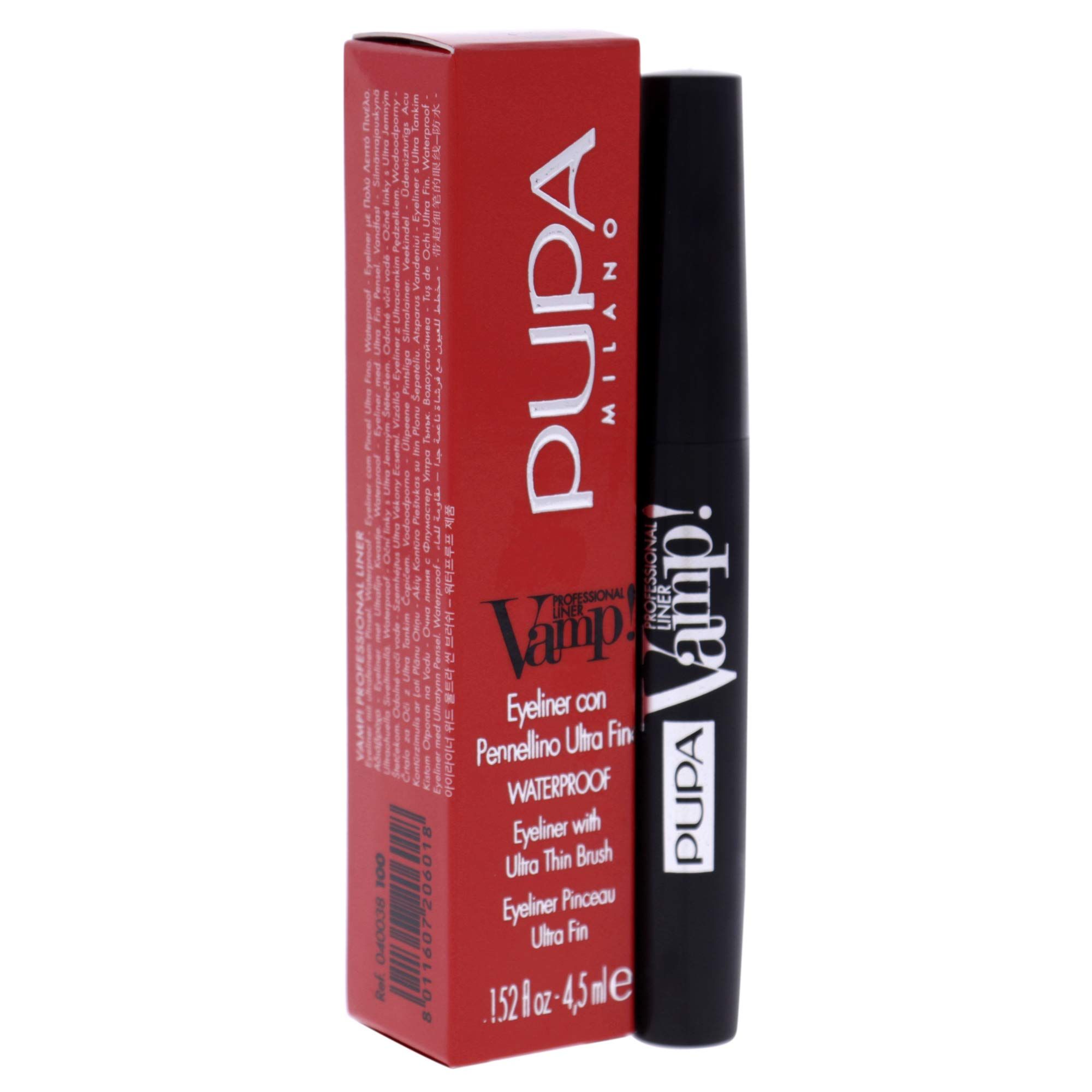 Eyeliner nero con confezione rossa. Sulla confezione "Pupa Milano Vamp!" e informazioni sul prodotto. L'eyeliner ha un applicatore sottile.