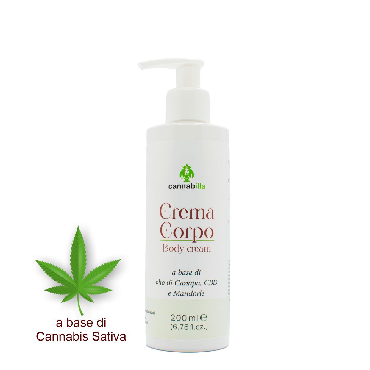 Flacone bianco con dosatore. Scritta: Crema Corpo, Body cream. Contiene olio, CBD e mandorle. 200 ml. Con foglia di cannabis.