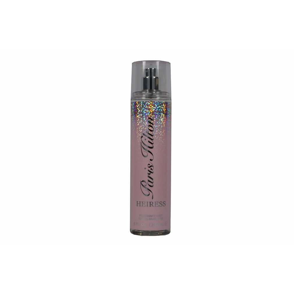 Spray corpo in flacone cilindrico con vaporizzatore. Sfumatura rosa con glitter. Testo: Paris Hilton, Heiress, Body Mist.