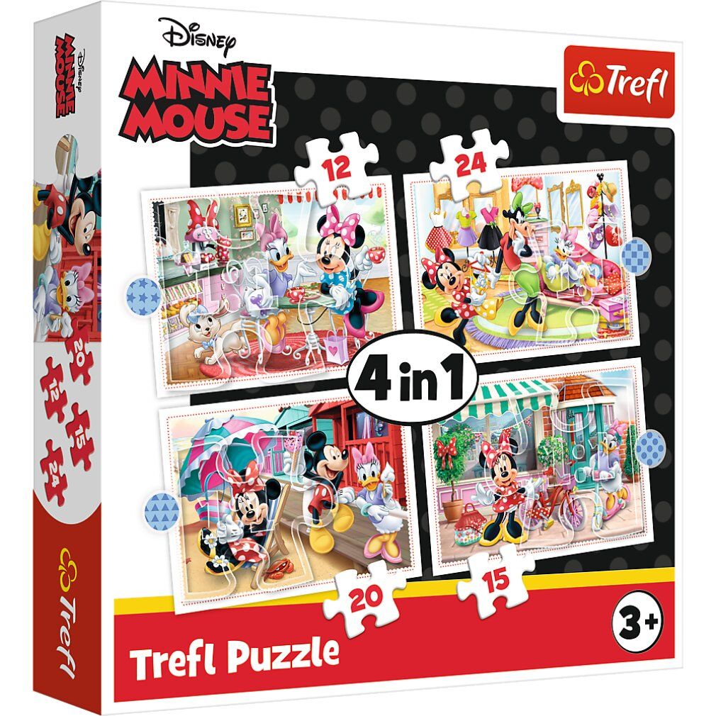 Scatola puzzle Minnie Mouse. Contiene quattro puzzle da 12, 15, 20 e 24 pezzi. Marchio Trefl.