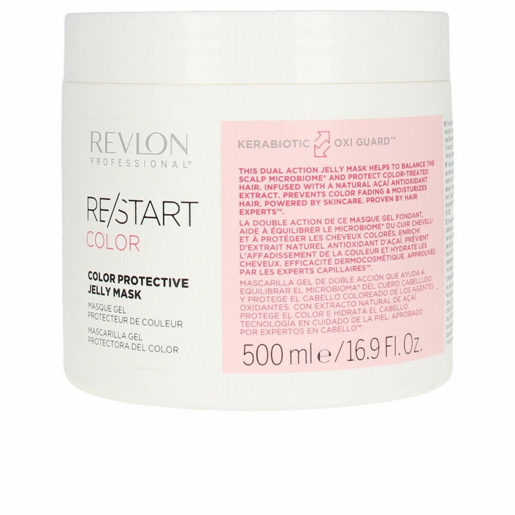 Vaso bianco con etichetta prodotto. Scritta: Revlon Re-Start Color Jelly Mask. 500 ml/16.9 Fl.Oz.