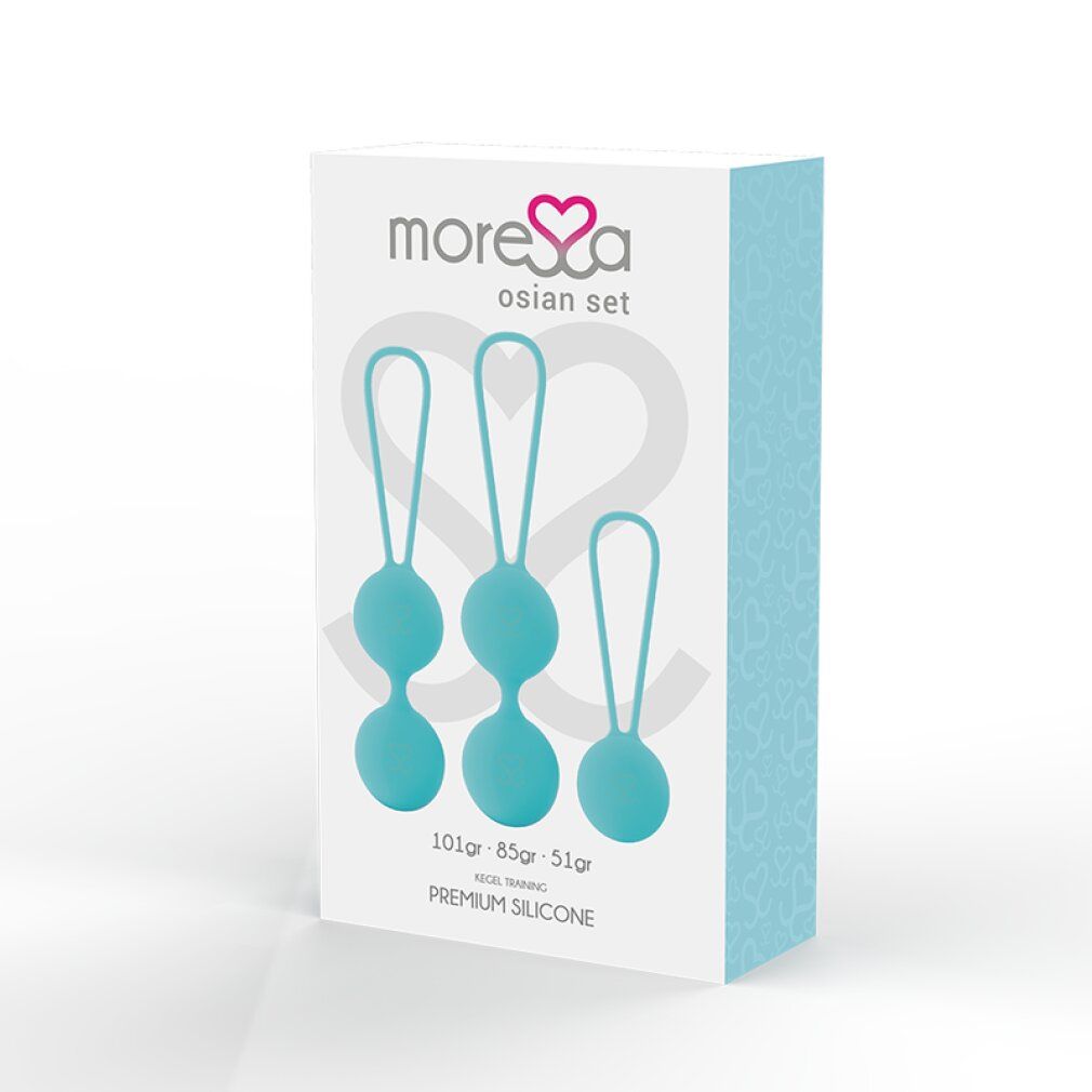 Confezione del prodotto con sfere turchesi. Scritta: Moressa Osian Set, indicazioni di peso, silicone premium.