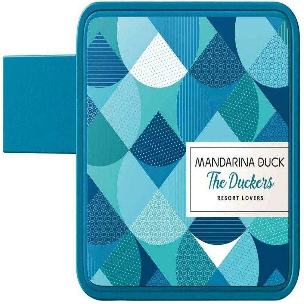 Confezione turchese con motivo geometrico. Scritta: Mandarina Duck, The Duckers, Resort Lovers.