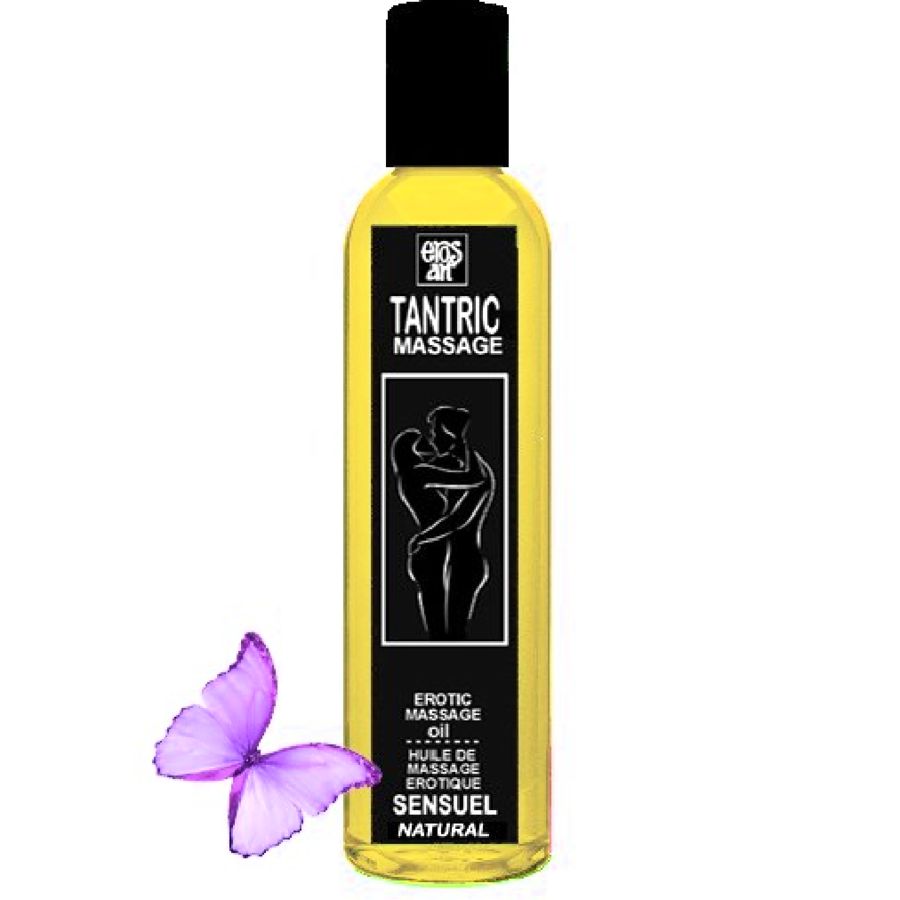 Olio da massaggio tantrico giallo in bottiglia trasparente con tappo nero. Etichetta con coppia e farfalla.
