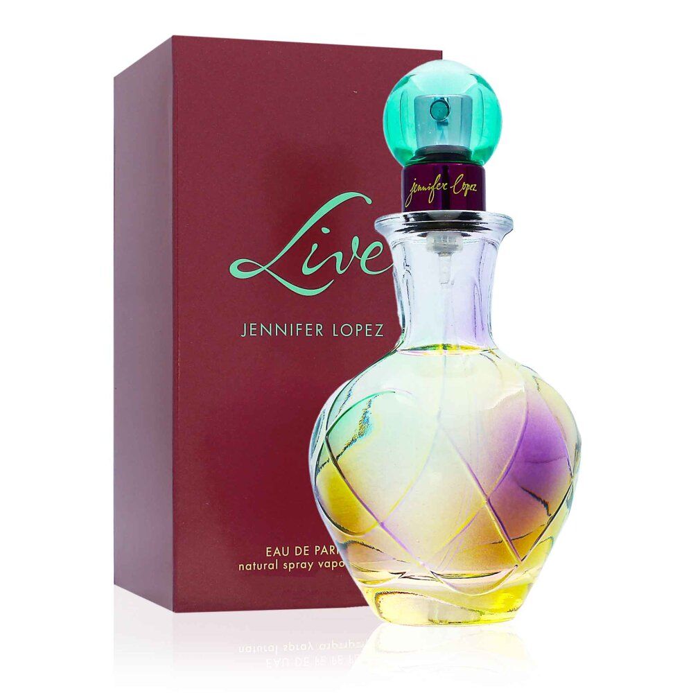 Flacone di profumo e confezione. Flacone con tappo verde e vetro colorato. Confezione rossa con scritta Live Jennifer Lopez.