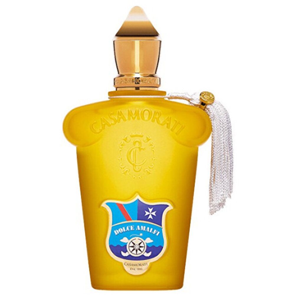 Flacone giallo con tappo dorato e nappina. Scritta "Casamorati Dolce Amalfi".