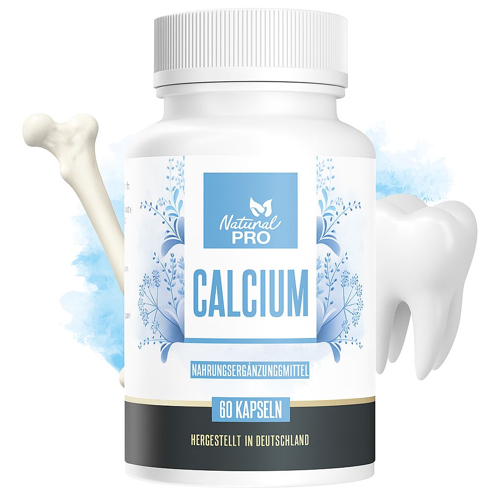 Flacone bianco con etichetta blu. Natural Pro Calcium, 60 capsule. Osso e dente sullo sfondo.