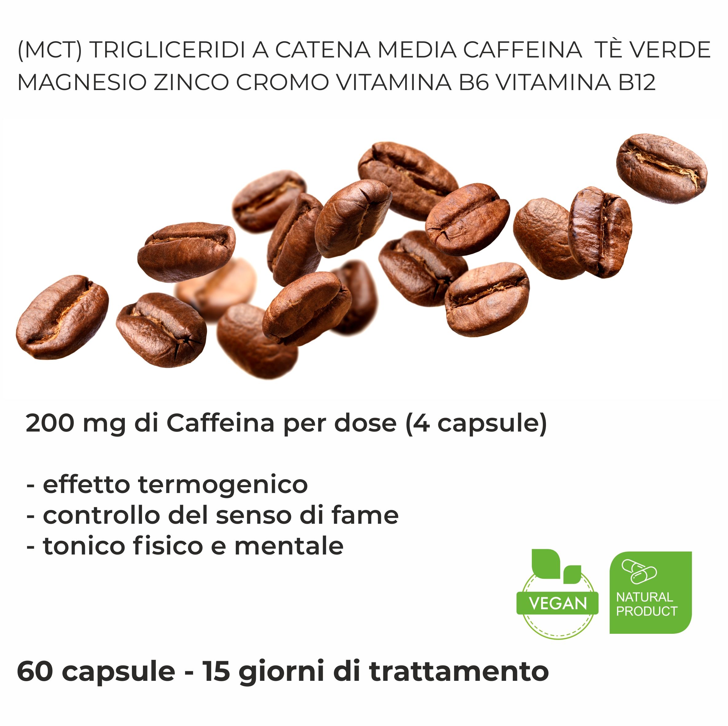 Chicchi di caffè e informazioni. Testo: 200 mg di caffeina per dose (4 capsule).