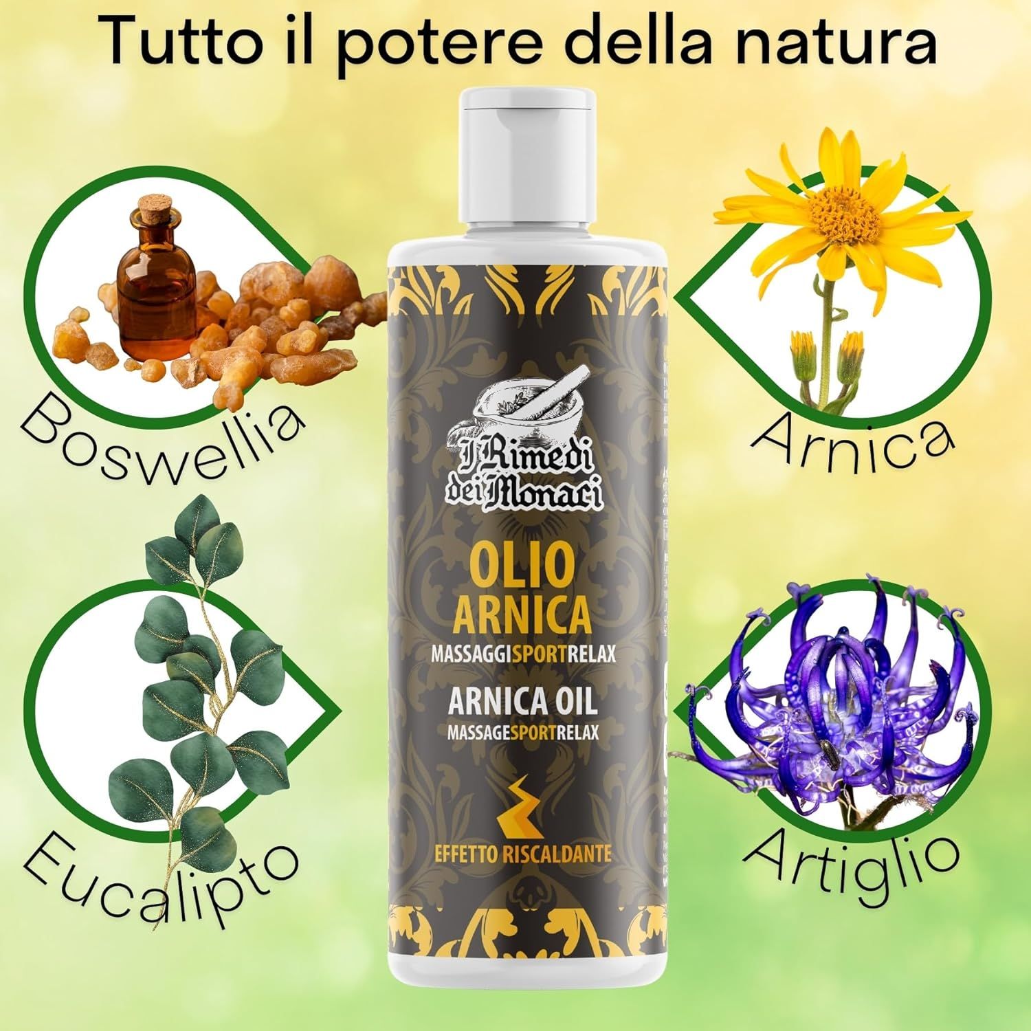 Flacone con etichetta: IRimediDeiMonaci Arnikaöl. Illustrazioni di Boswellia, Arnica, Eucalipto e Artiglio. Testo: Tutto il potere della natura.