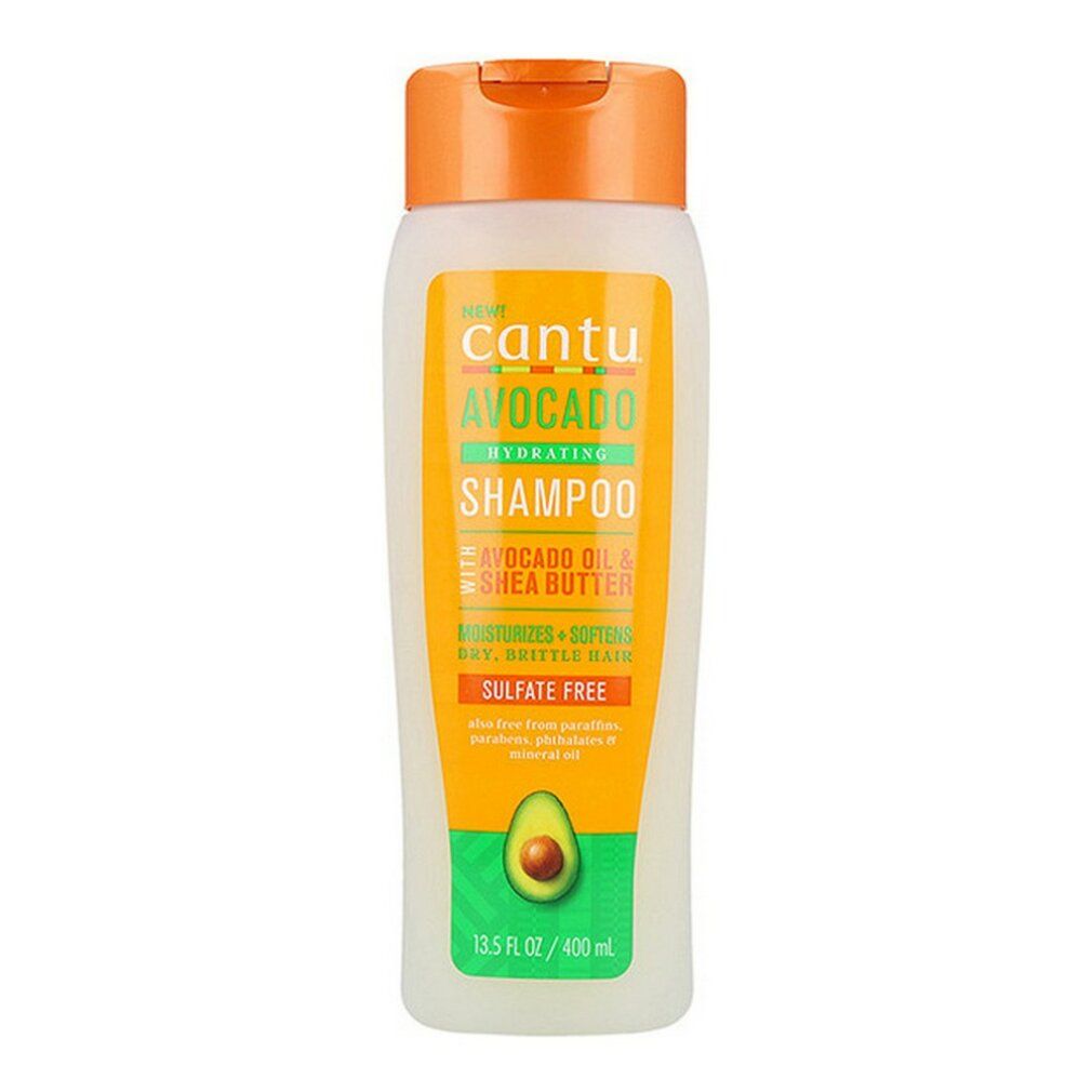 Flacone di shampoo idratante Cantu Avocado. Tappo arancione, contenitore bianco, etichetta verde con informazioni e illustrazione avocado.