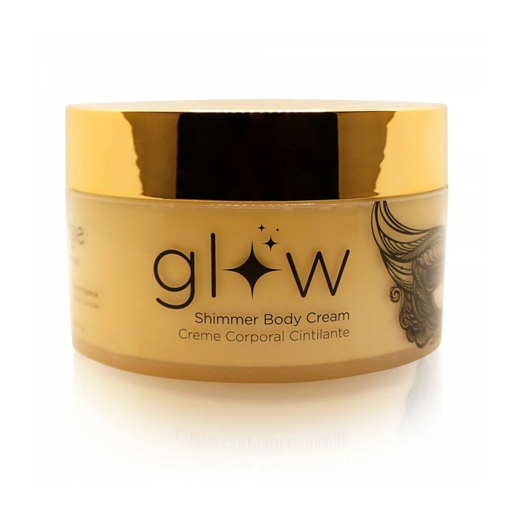 Crema beige in vasetto rotondo con coperchio dorato. Scritta "glow Shimmer Body Cream".