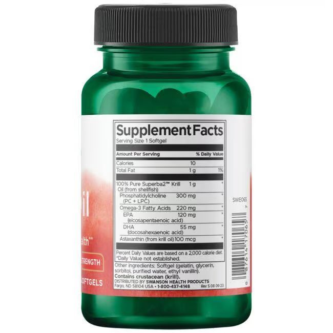 Retro di un flacone verde con capsule. Scritta: Informazioni nutrizionali, 100% olio di krill Superba2 puro, 1 g per softgel.