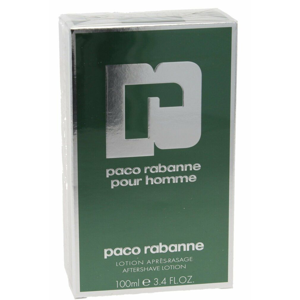 Confezione con sfondo verde e logo argentato 'P'. Scritta: paco rabanne pour homme. Lotion Après-Rasage.