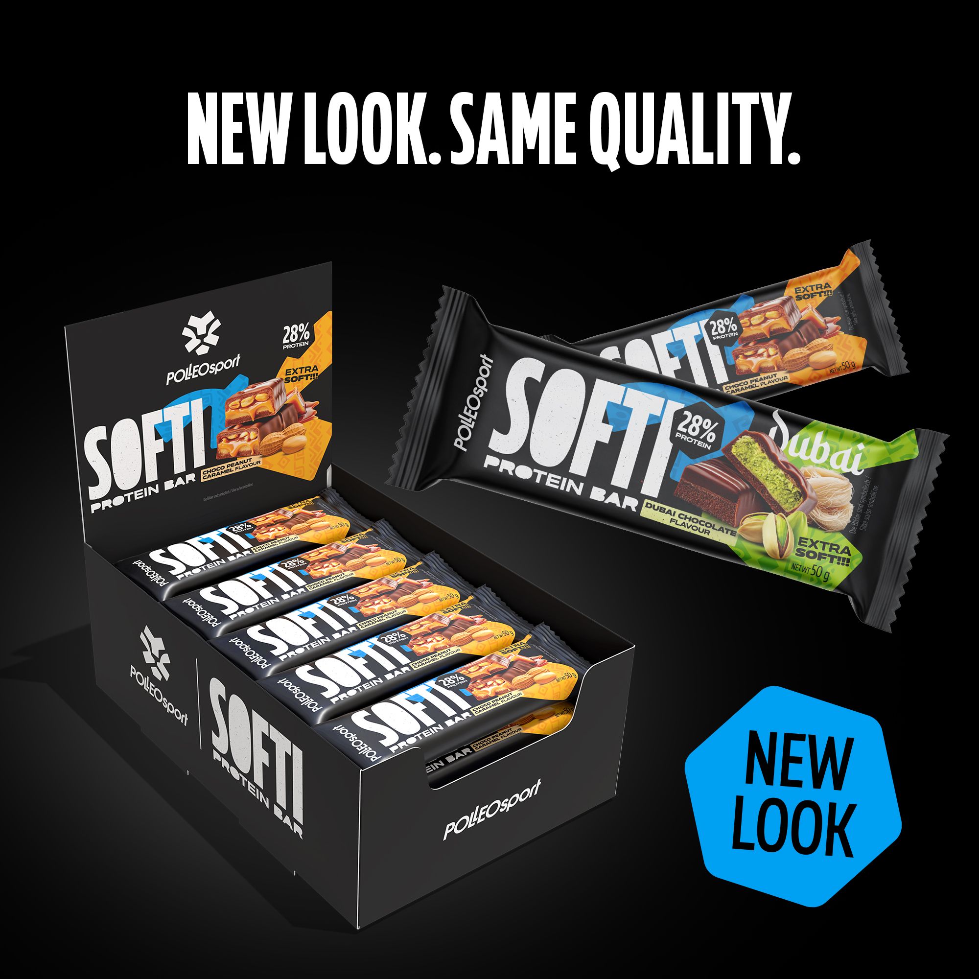 Espositore di barrette proteiche con gusti diversi. Testo: SOFTI PROTEIN BAR, PolleoSport. Scritta: NEW LOOK.