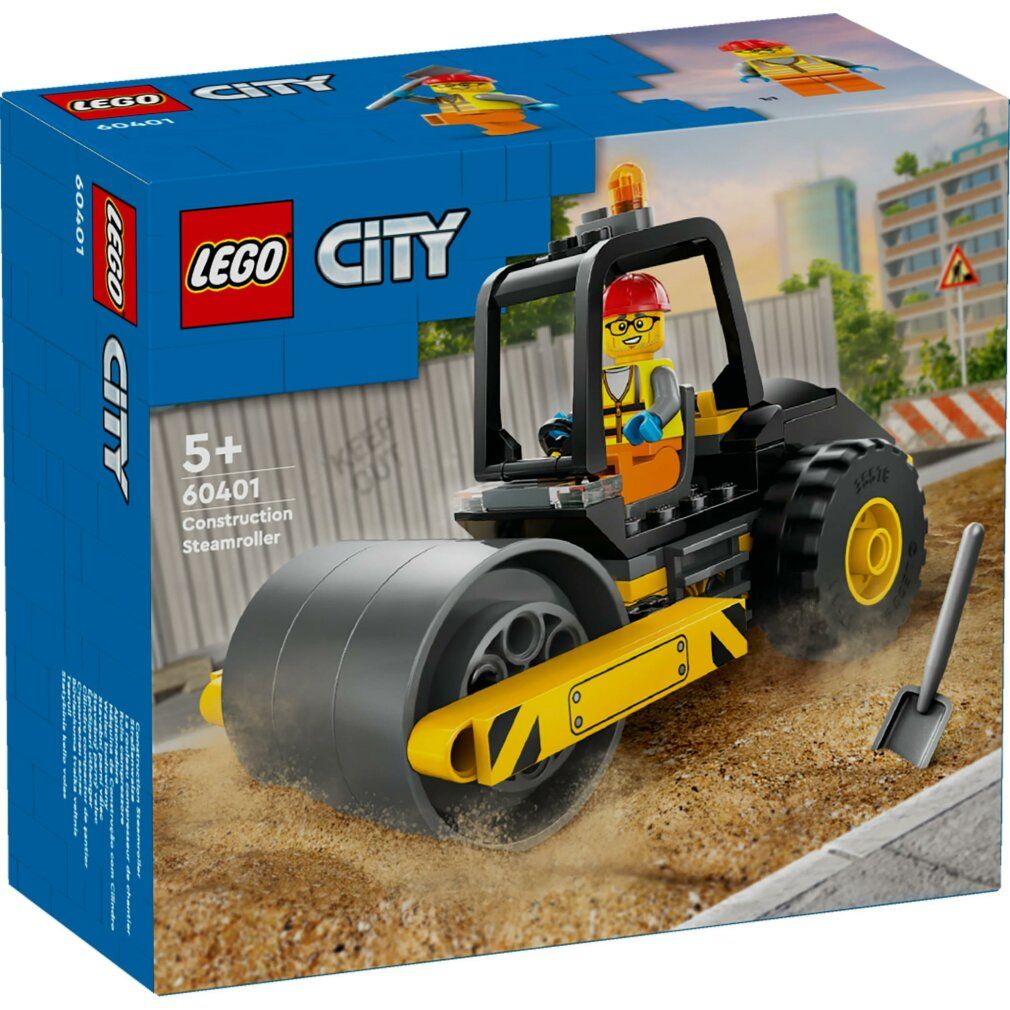 LEGO City 60401. Rullo compressore con personaggio. Nero e giallo. La confezione mostra il set. Per bambini dai 5 anni.