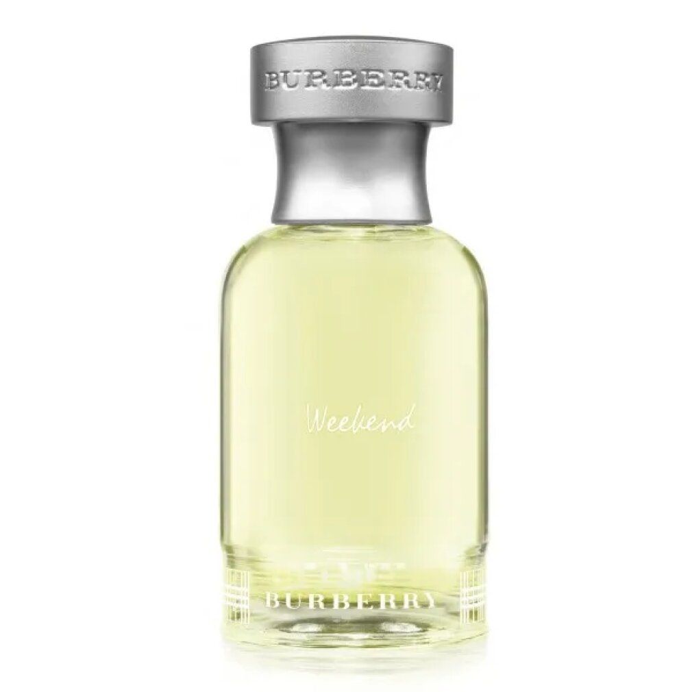 Burberry Weekend Eau de Toilette Spray da uomo. Flacone con tappo argentato. Scritta: Burberry Weekend.