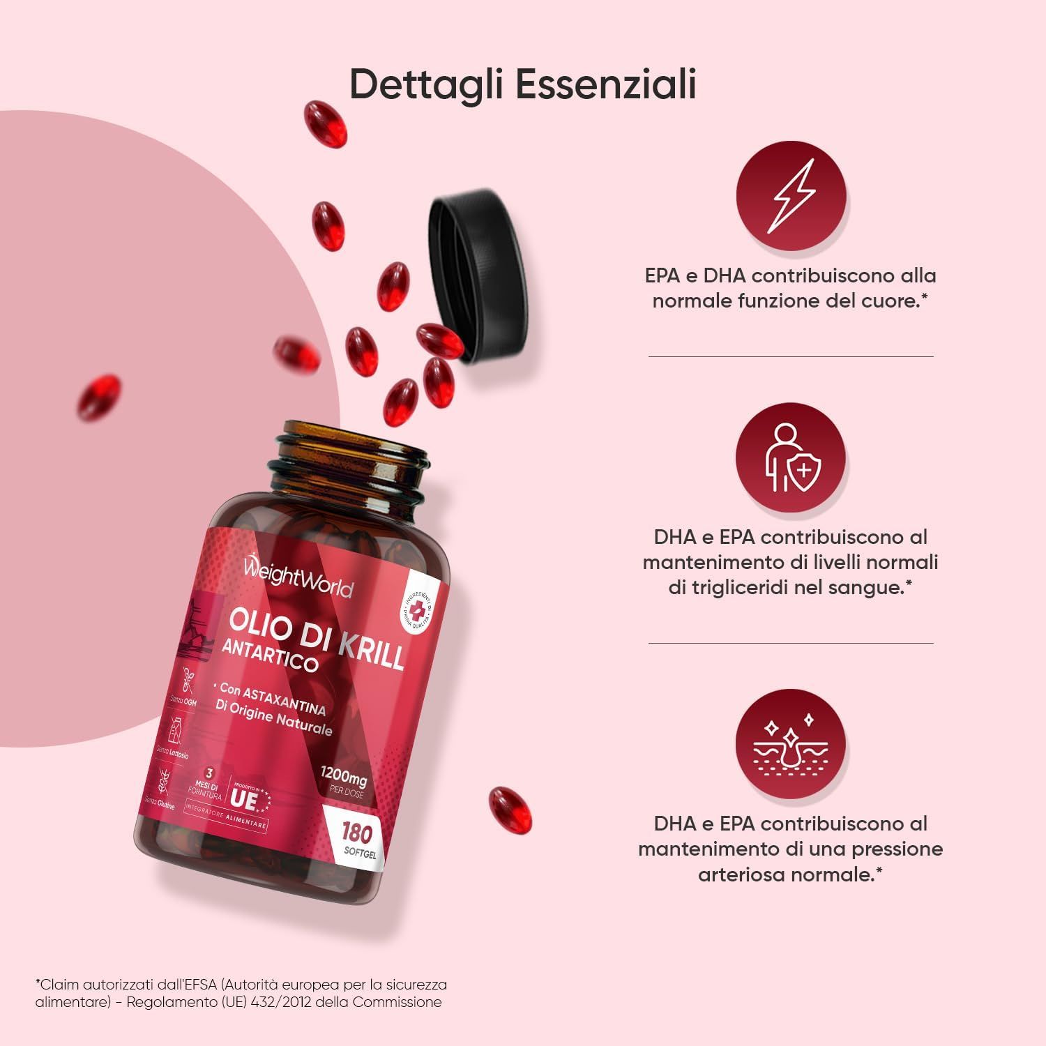 Flacone di olio di krill e capsule. Testo: Dettagli Essenziali. EPA e DHA per cuore e trigliceridi.