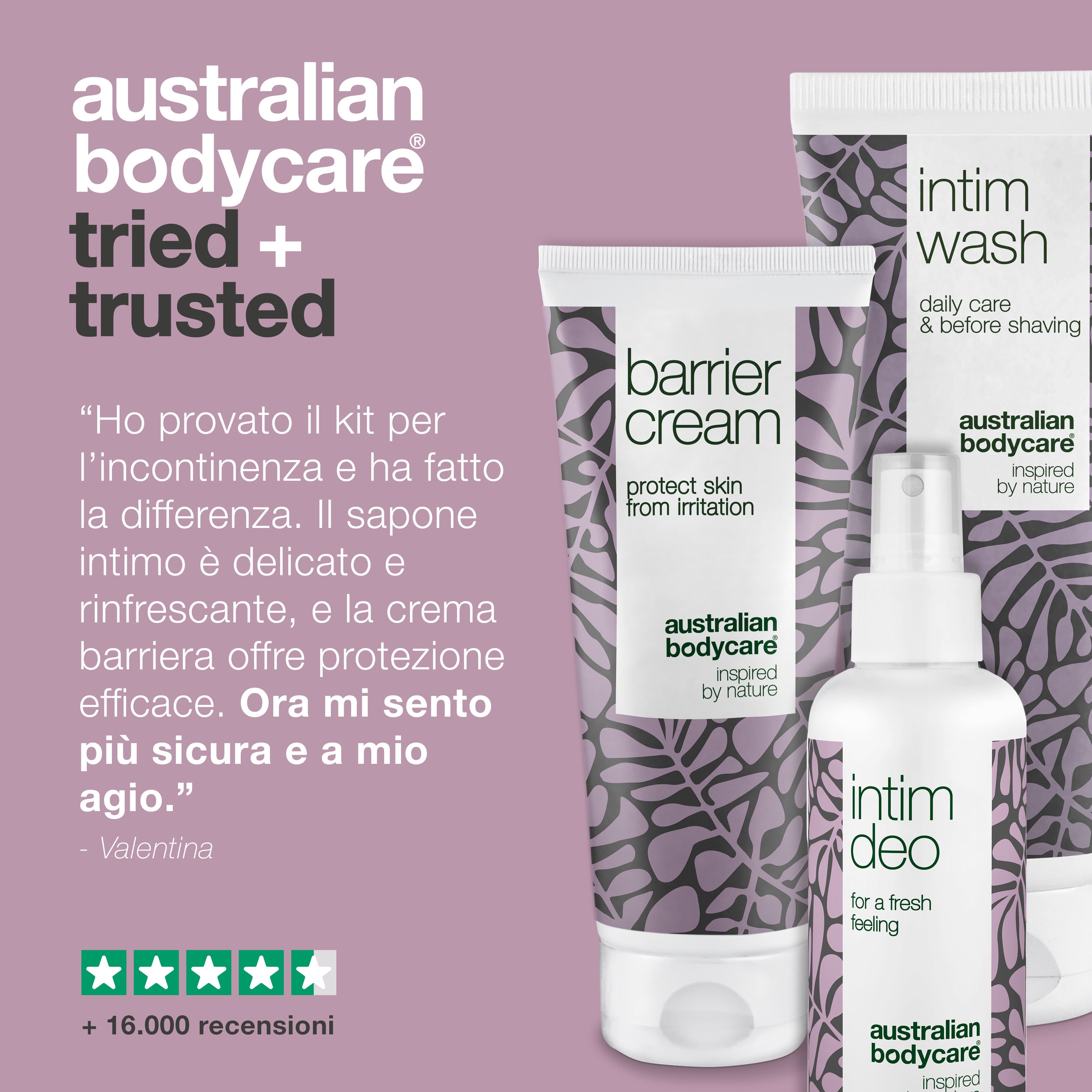 Immagine del prodotto con testo. Prodotti: Intim Wash, Barrier Cream, Intim Deo. Testo: Testimonianza. Marchio: Australian Bodycare.