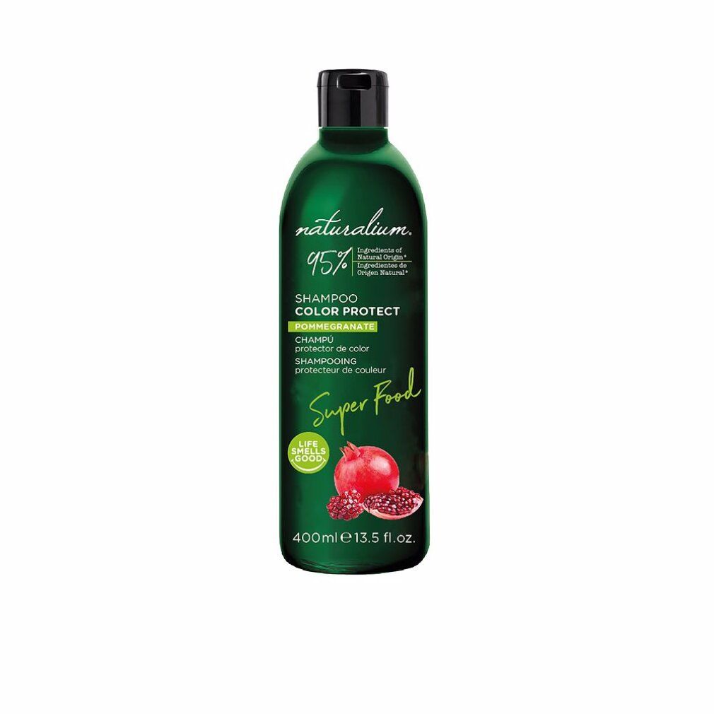 Flacone di shampoo verde con tappo nero. Scritta: Shampoo Color Protect, Melograno, Super Food. 400ml.