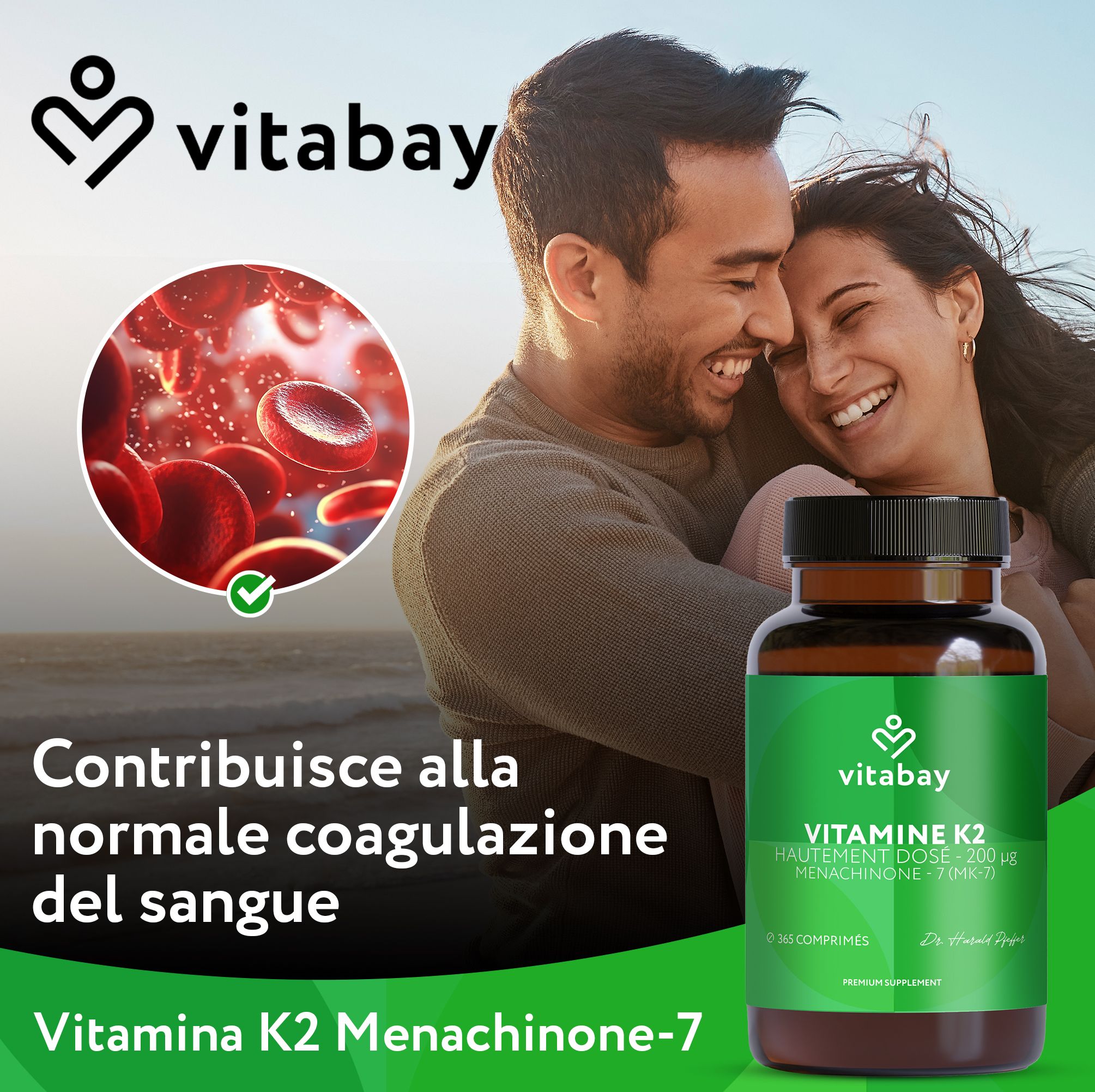 Vitabay Vitamina K2 contribuisce alla normale coagulazione del sangue. Coppia in spiaggia.