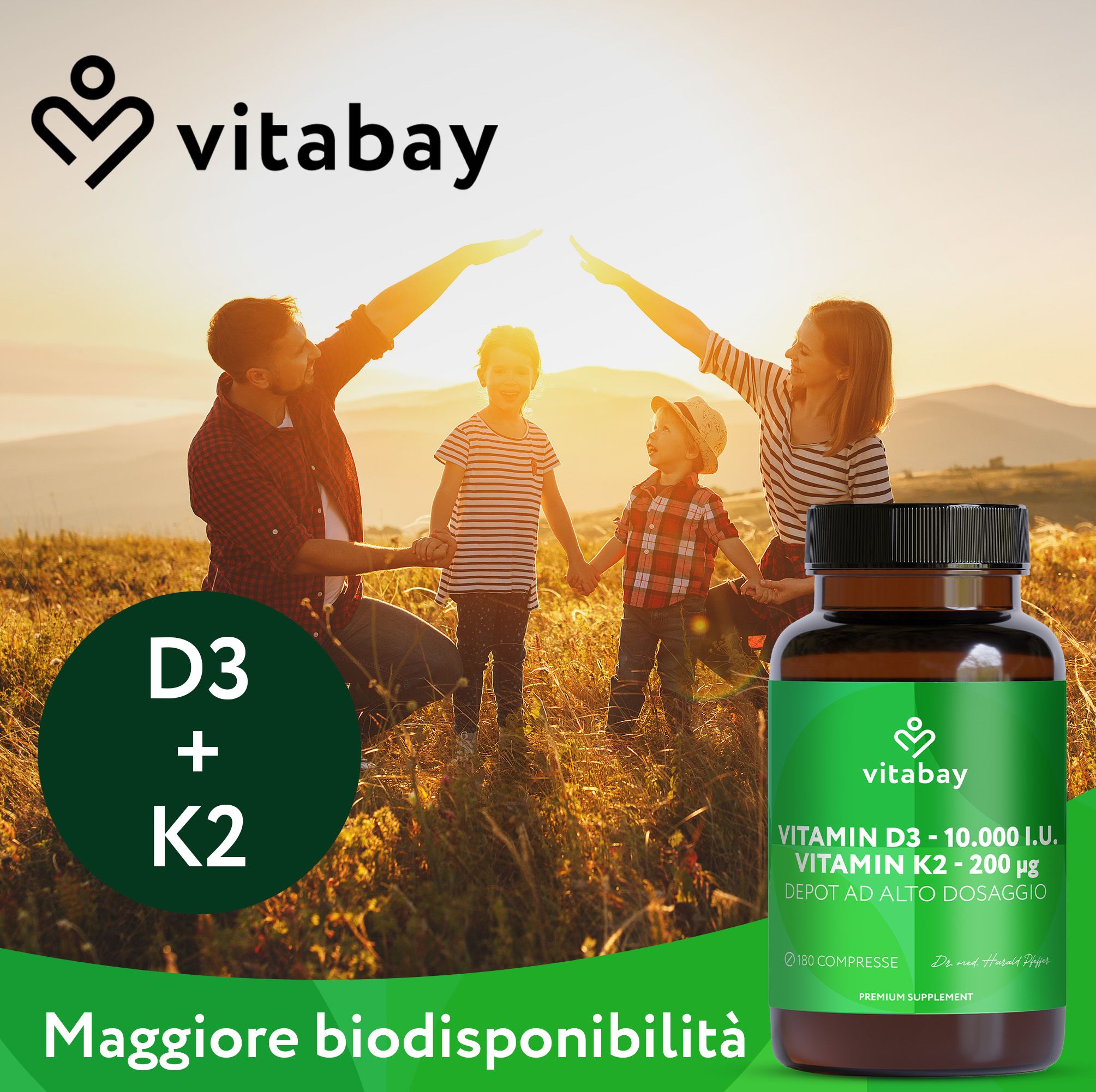 Famiglia sotto la luce del sole. Vitabay D3 + K2 per una maggiore biodisponibilità.