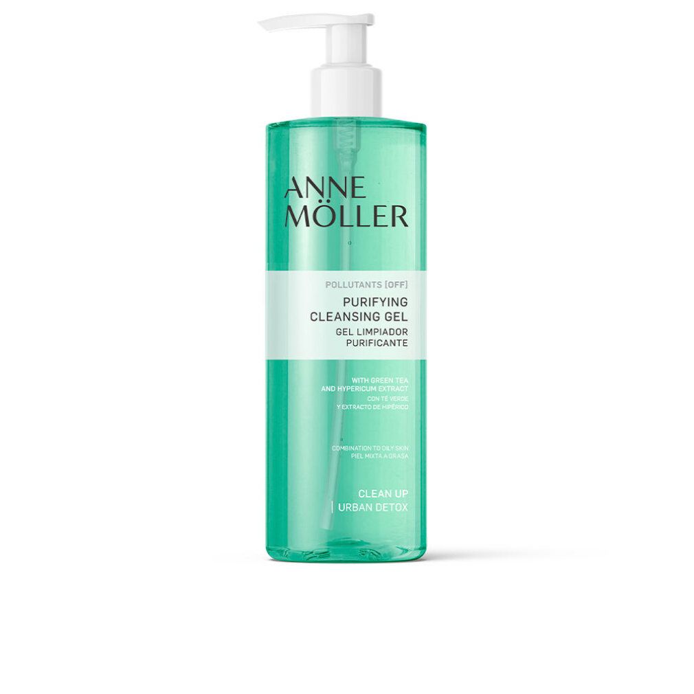 Flacone verde con dosatore bianco. Testo: ANNE MÖLLER, Purifying Cleansing Gel. Contiene estratto di tè verde. Clean Up Urban Detox.