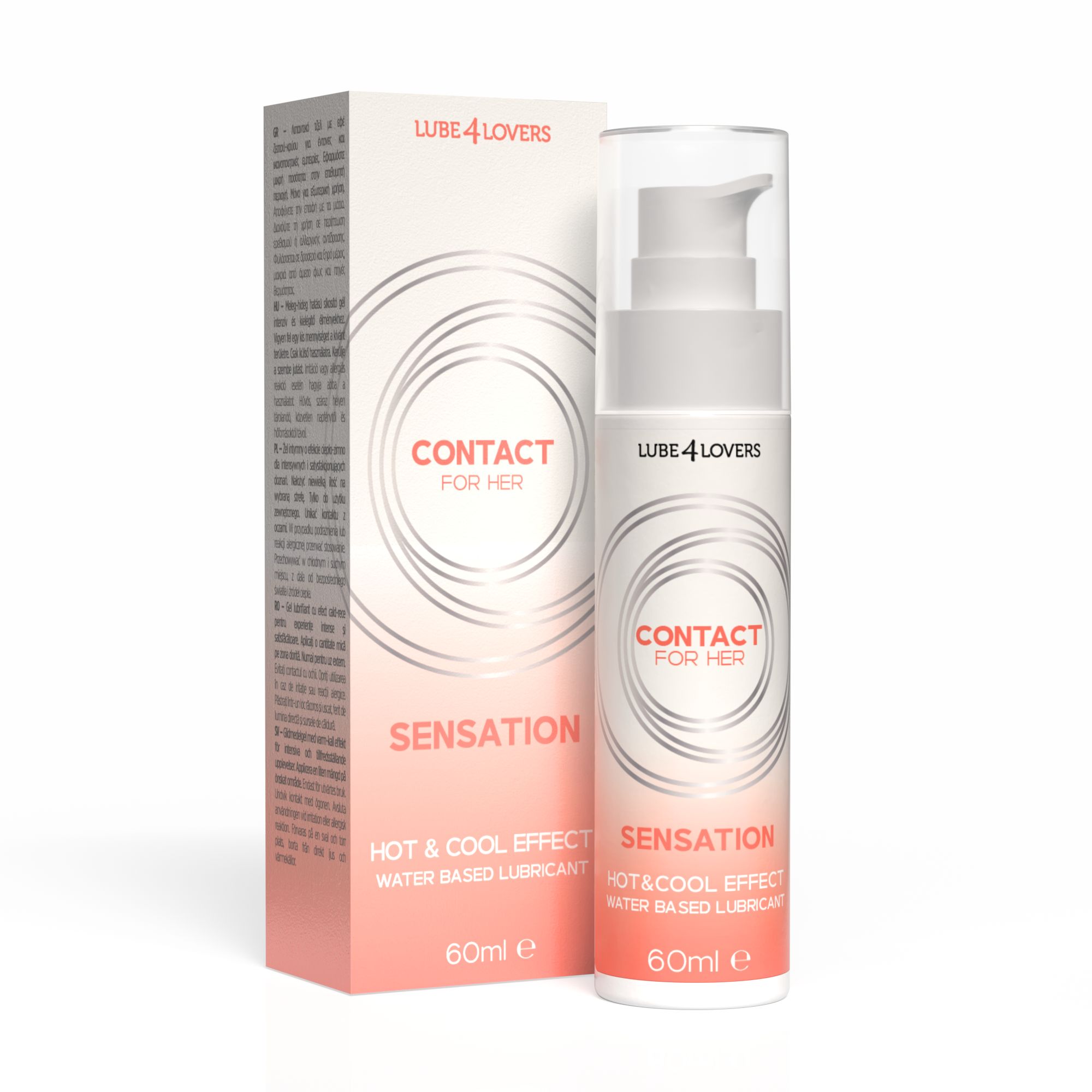 Flacone bianco-rosa con dosatore e scatola. Scritta: CONTACT FOR HER, SENSATION, HOT & COOL EFFECT, 60ml.