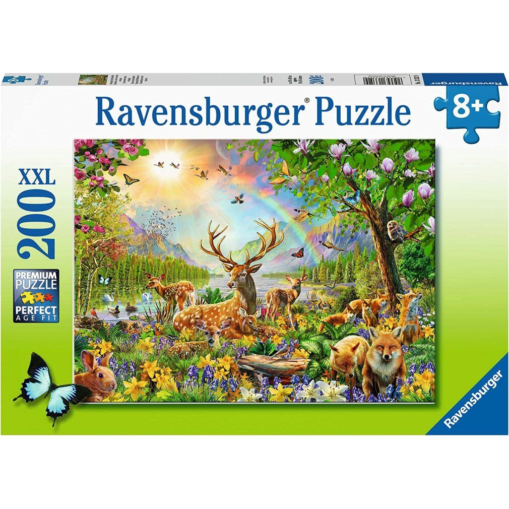 Scatola puzzle con motivo famiglia di cervi in paesaggio naturale. Marca Ravensburger, 200 pezzi, da 8 anni.