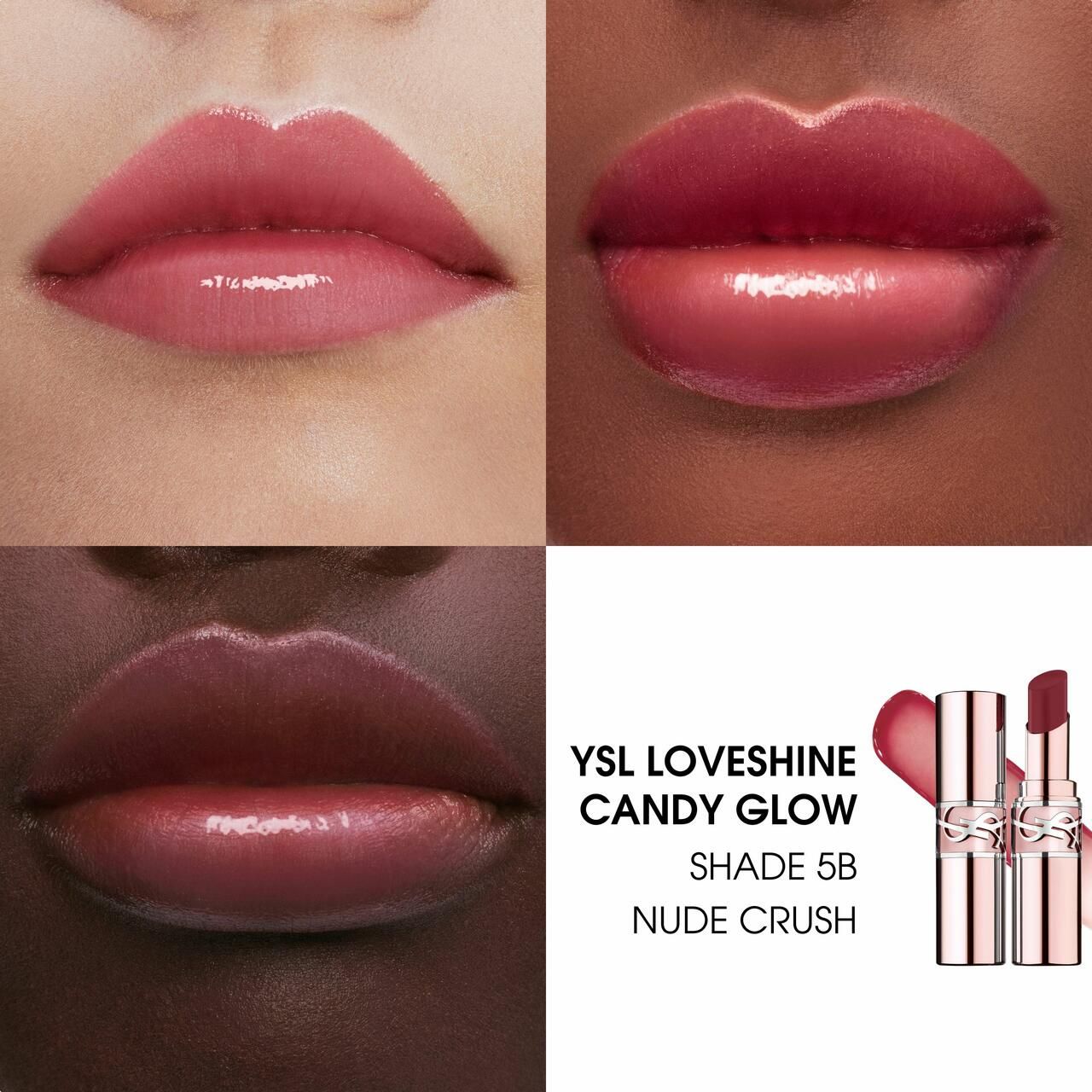 Quattro labbra di donne con diverse tonalità di pelle. YSL Loveshine Candy Glow, tonalità 5B Nude Crush.