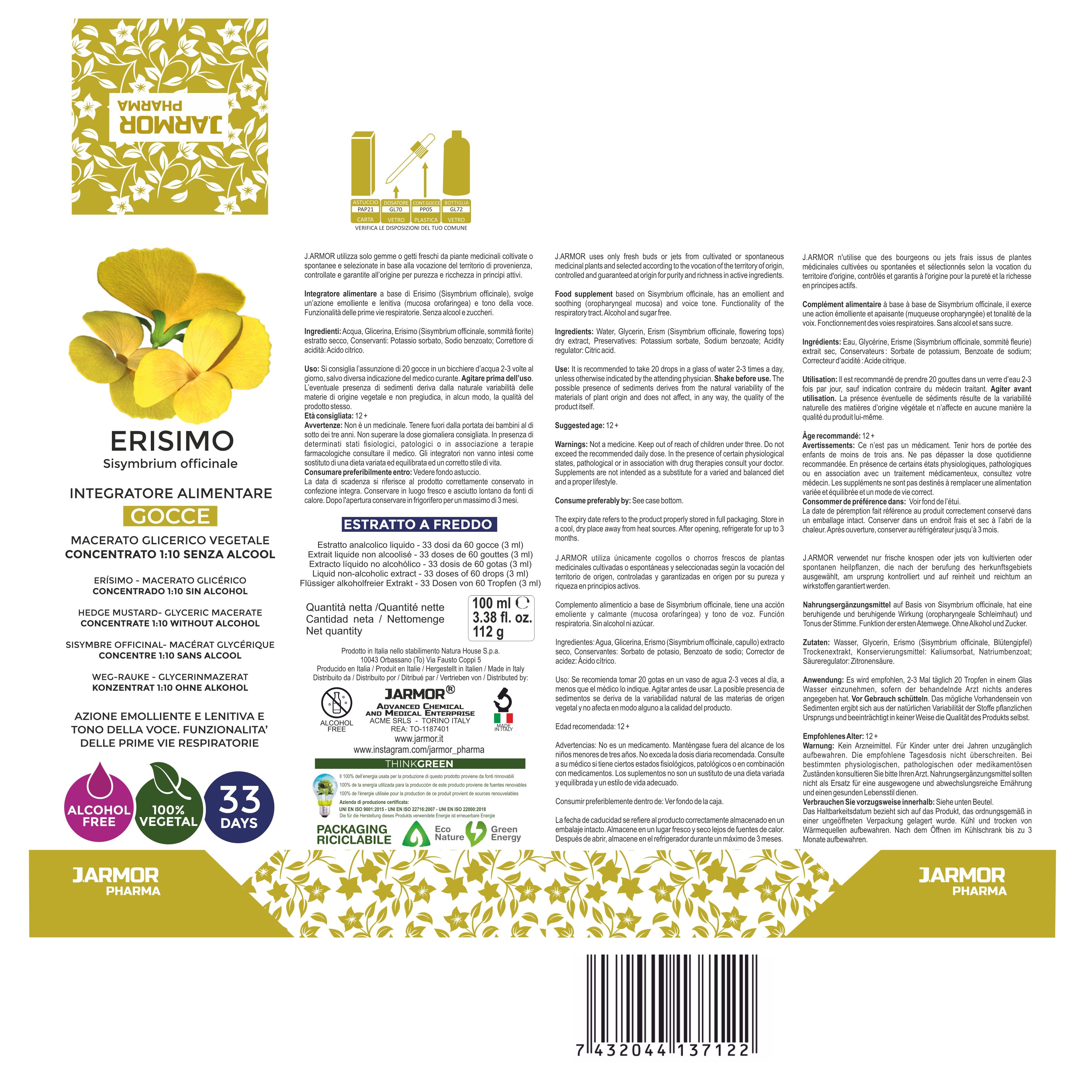Confezione del prodotto con testo e fiori gialli. Testo: Erisimo, Integratore alimentare, Gocce, 100% vegetale, senza alcool, 33 giorni.