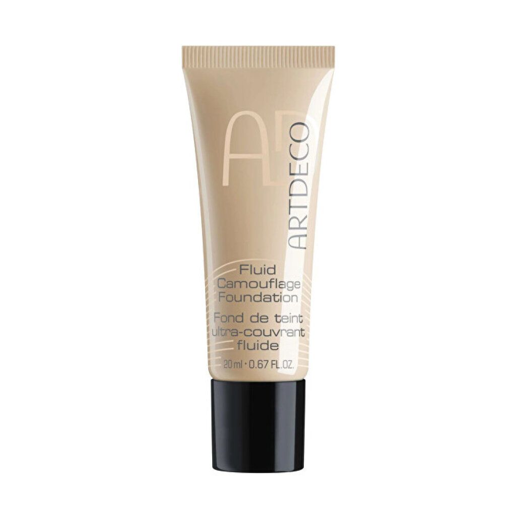 Tubo beige con tappo nero. Artdeco Fluid Camouflage Foundation. Testo: Fond de teint ultra-couvrant fluide. 20ml - 0.67 FL.OZ.