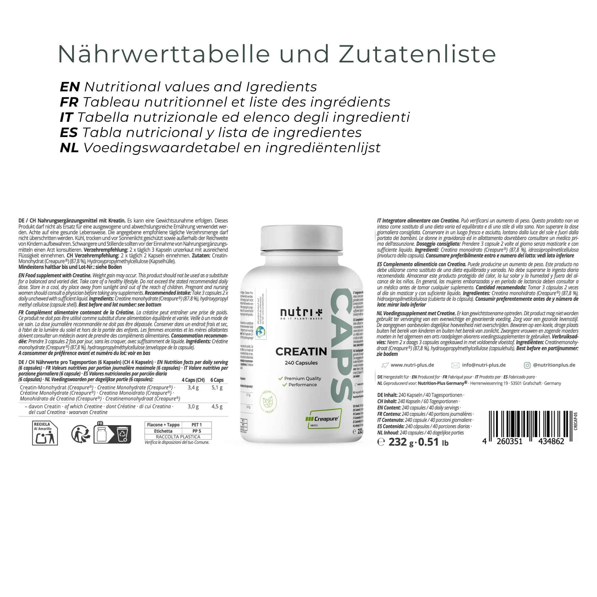Barattolo di capsule di creatina nutri+ accanto a un rapporto di laboratorio GBA GROUP. Testato indipendentemente.