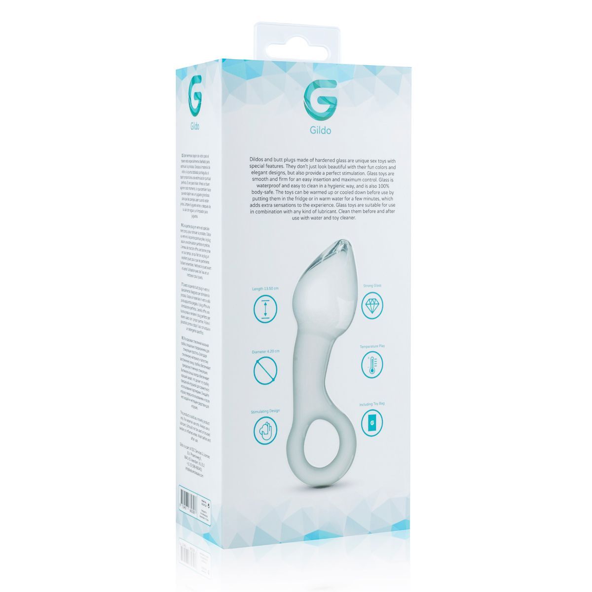 Retro della confezione. Testo: descrizione del prodotto, icone, 'Gildo'. Illustrazione del plug anale. Su sfondo bianco.