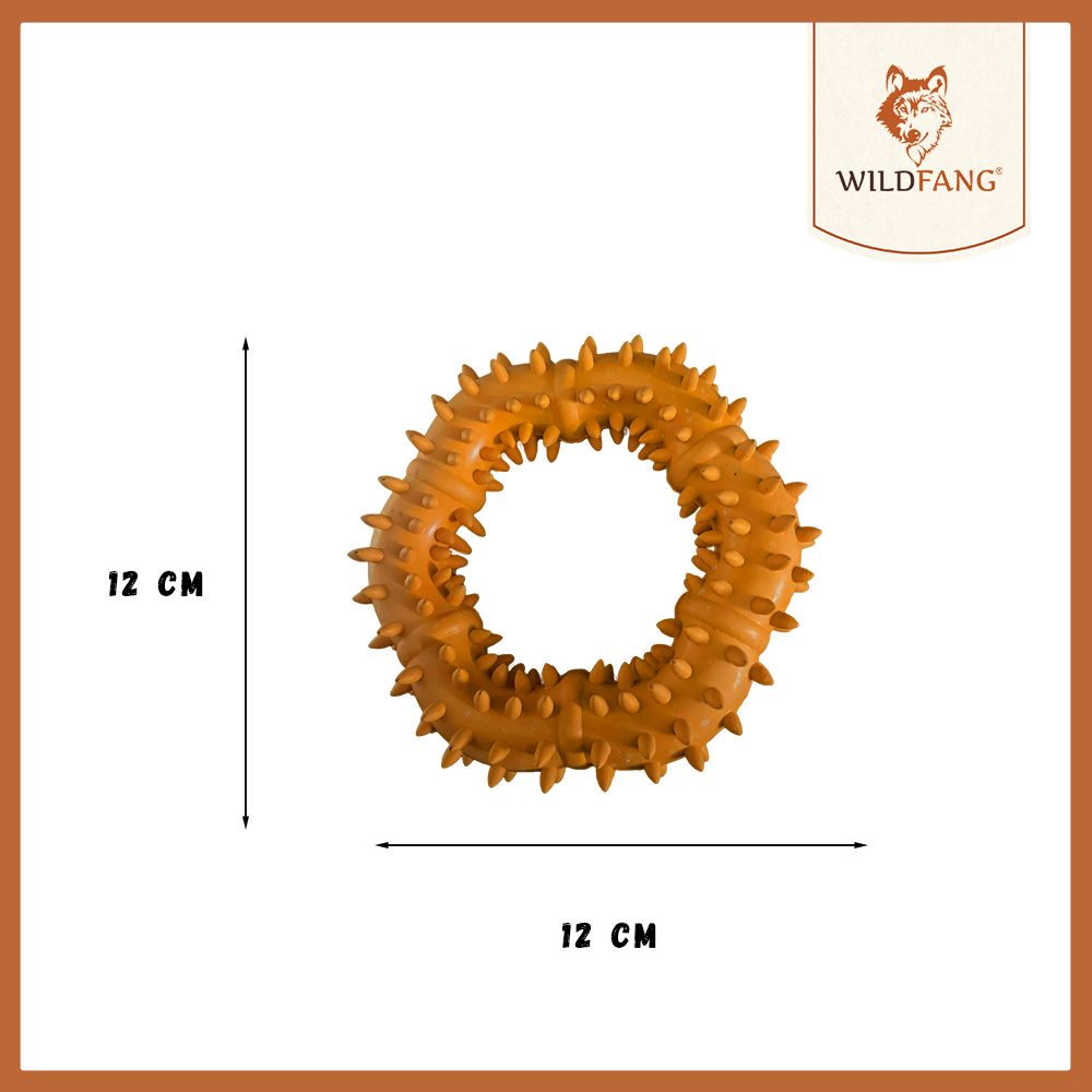 Anello di dentizione "Balou" in gomma naturale. Anello arancione con borchie. Diametro 12 cm.