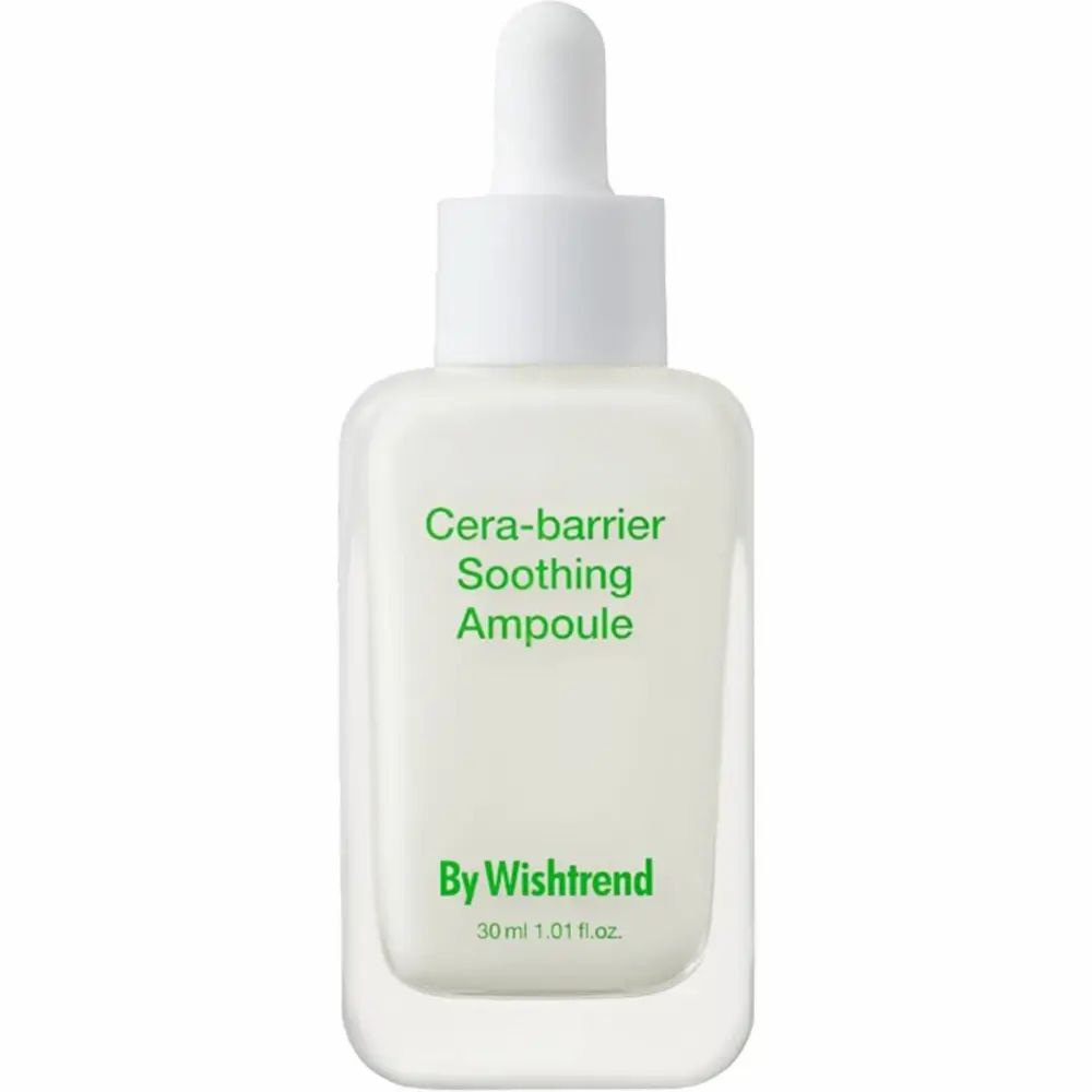 Flacone trasparente con siero bianco e pipetta. Scritta: Cera-barrier Soothing Ampoule, By Wishtrend.
