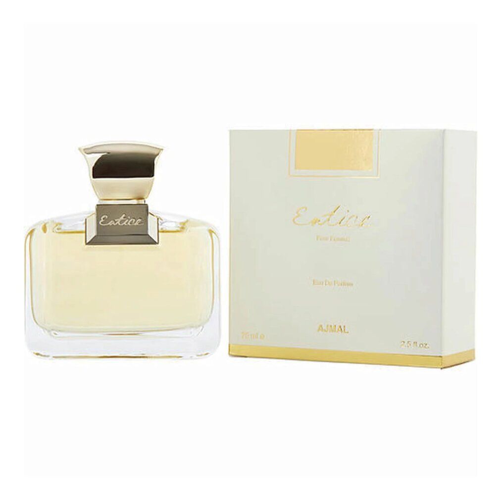 Flacone di profumo e confezione. Flacone con tappo dorato. Scatola bianca con etichetta dorata.