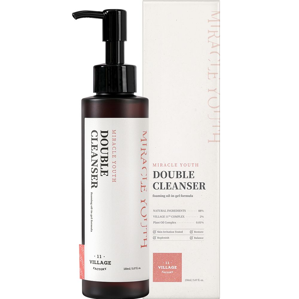 Flacone marrone con dosatore nero e scatola. Scritta: MIRACLE YOUTH, DOUBLE CLEANSER. Scatola con informazioni sul prodotto.