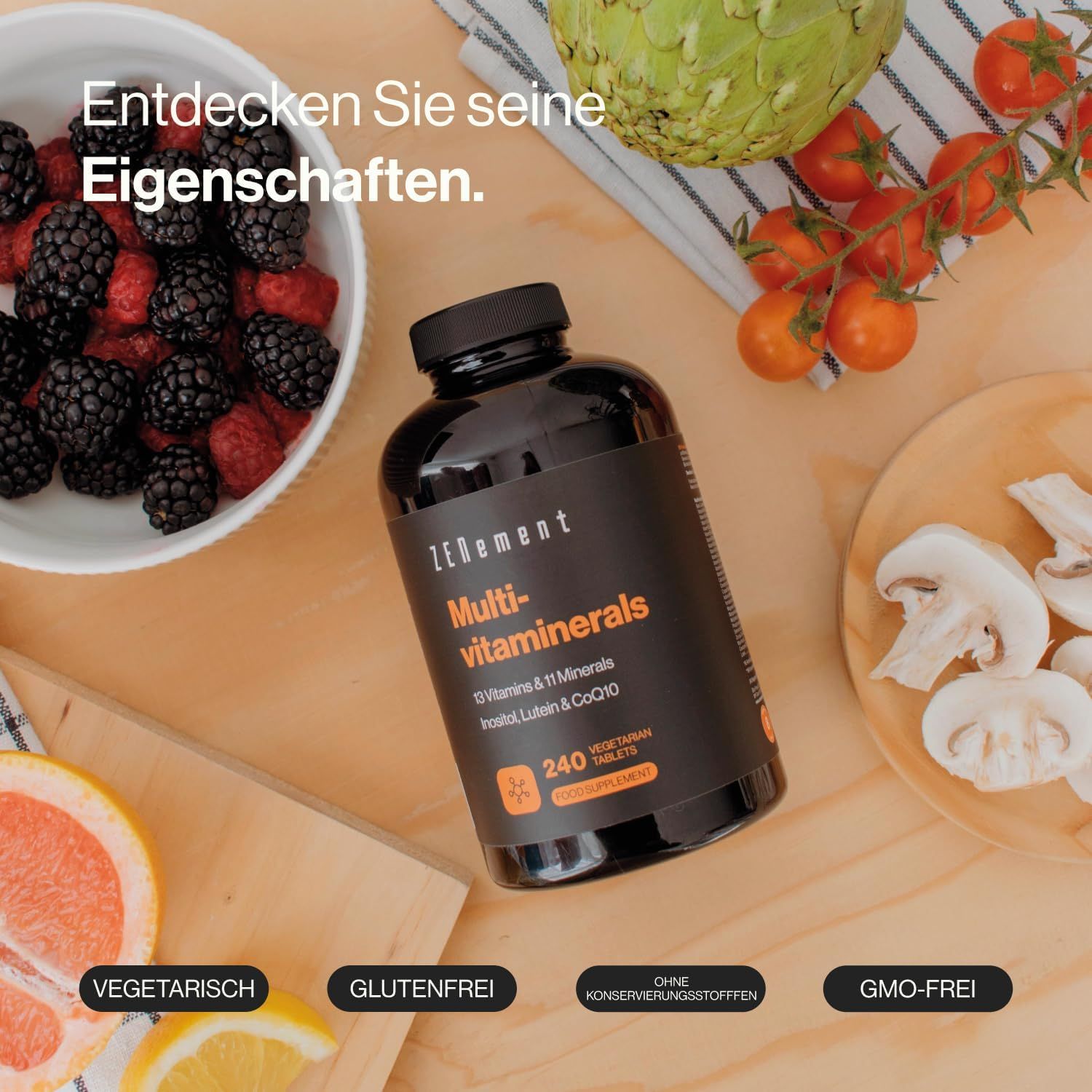 Flacone nero di multivitaminerali. Scritta: 240 compresse, vegetariano, senza glutine, senza conservanti, senza OGM.